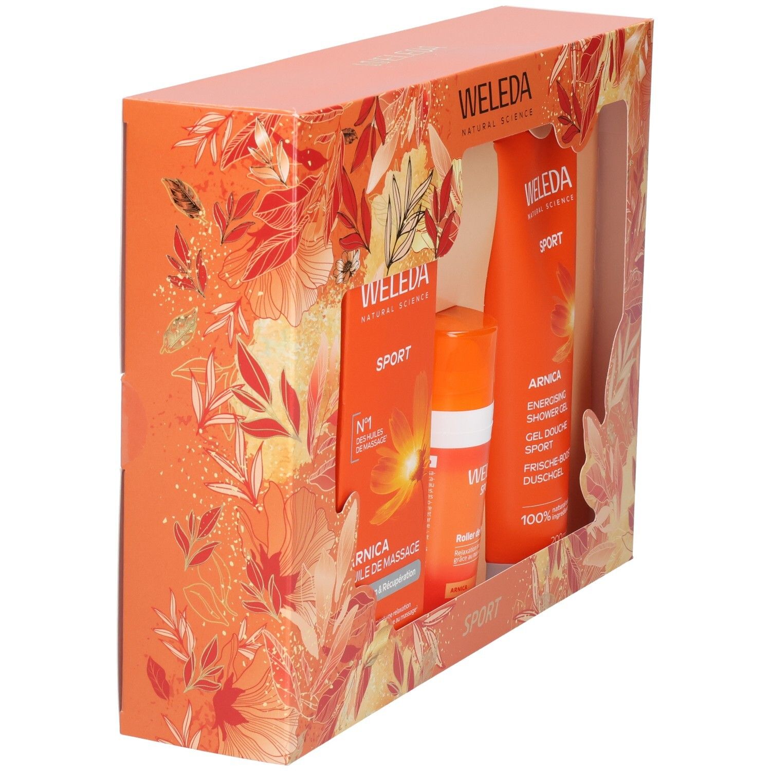 Coffret cadeau WELEDA Sport, vue latérale avec emballage et produits orange.