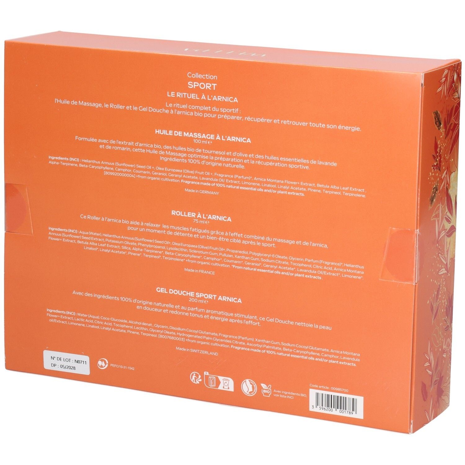Arrière du coffret cadeau WELEDA Sport avec informations produit et ingrédients.