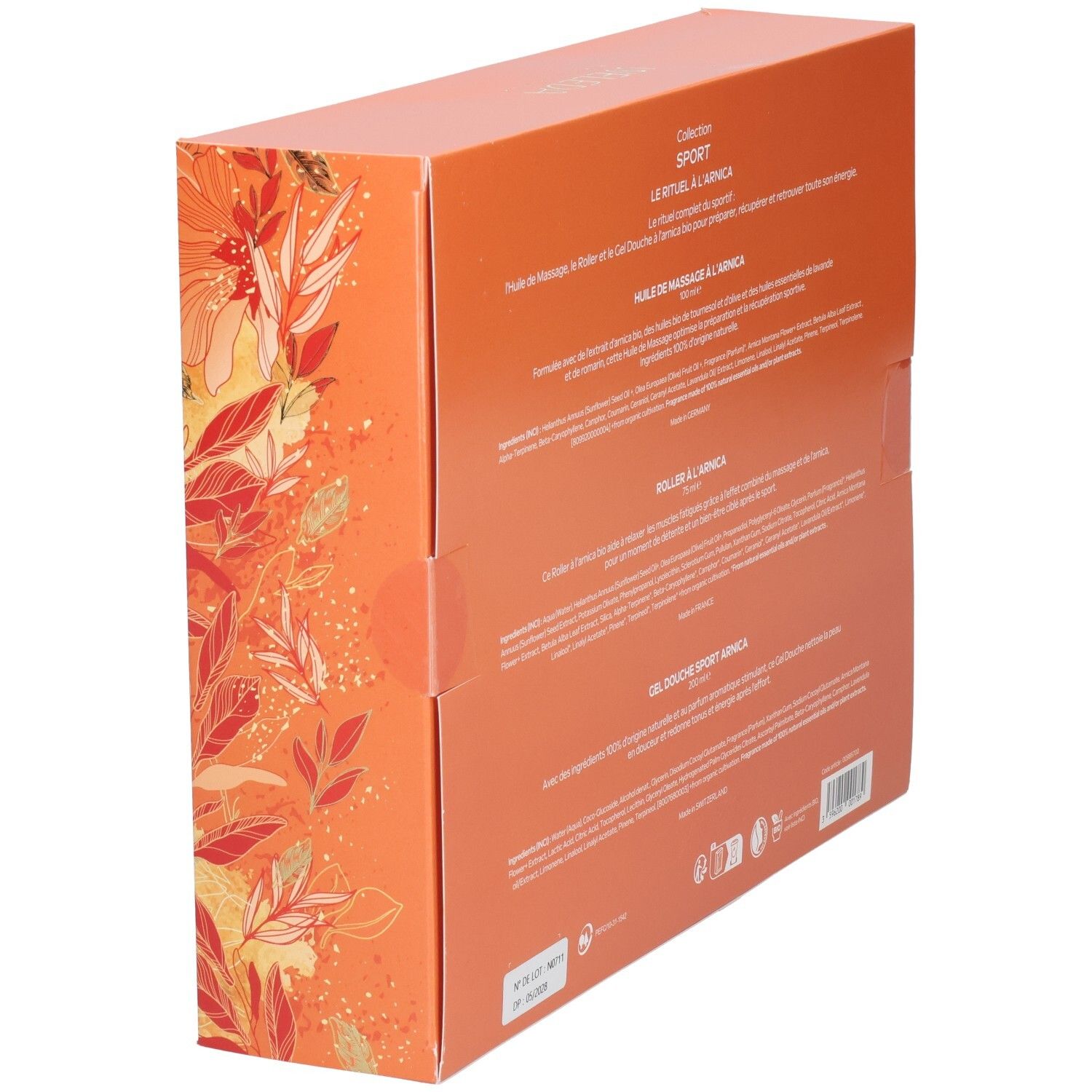 Vue latérale du coffret cadeau WELEDA Sport avec informations détaillées sur le produit.