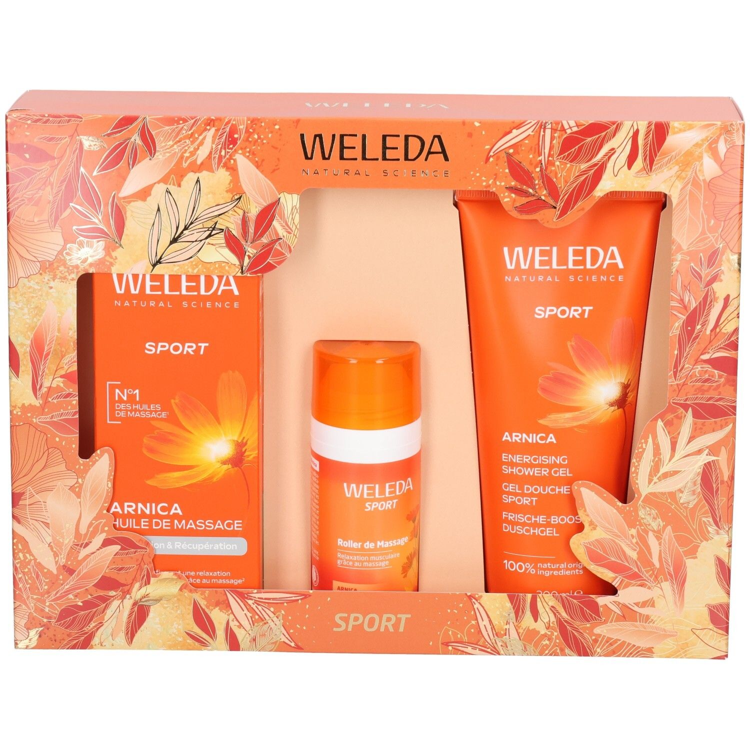 Coffret cadeau WELEDA Sport avec huile Arnica, roller et gel douche dans un emballage orange.