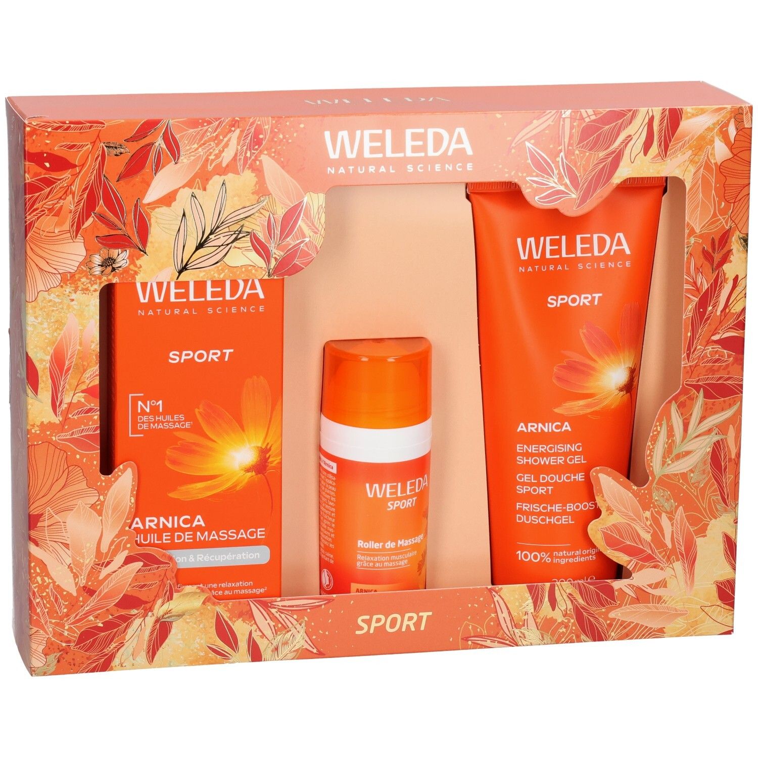 Coffret cadeau WELEDA Sport avec huile Arnica, roller et gel douche dans un emballage orange.