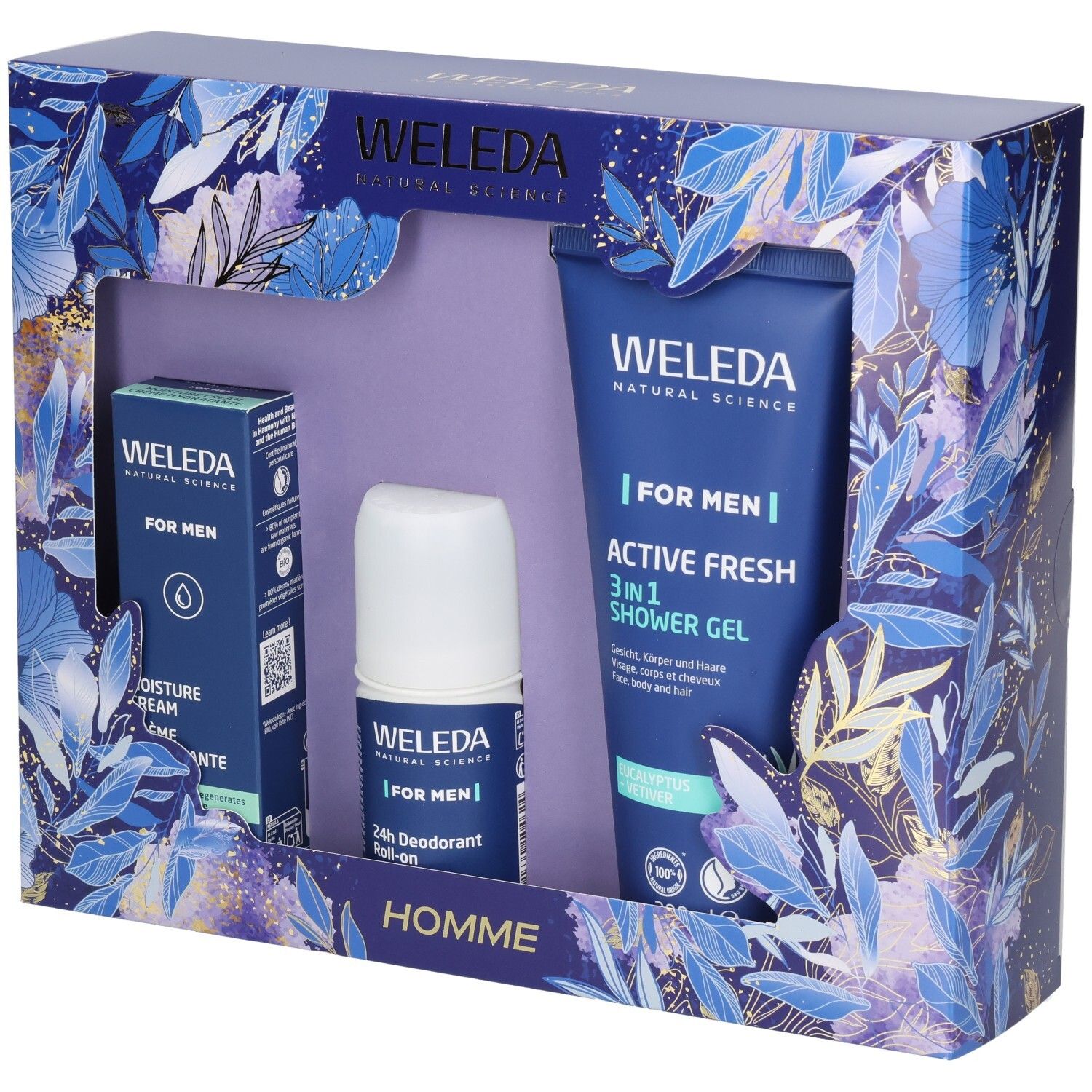 Coffret WELEDA HOMME : Crème hydratante, Déodorant Roll-on 24h et Gel douche 3-en-1.