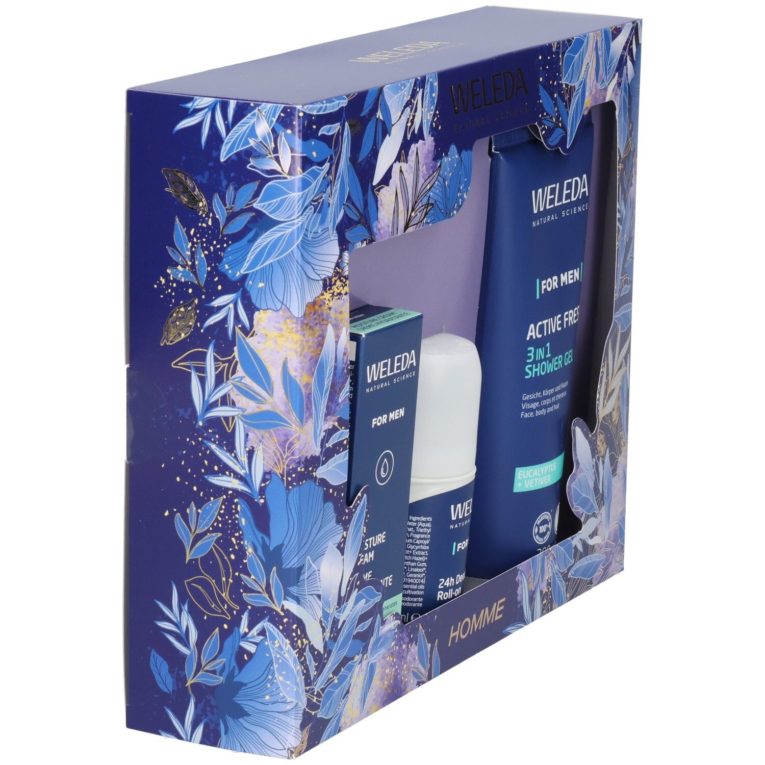 Coffret WELEDA HOMME : Crème hydratante, Déodorant Roll-on 24h et Gel douche 3-en-1.