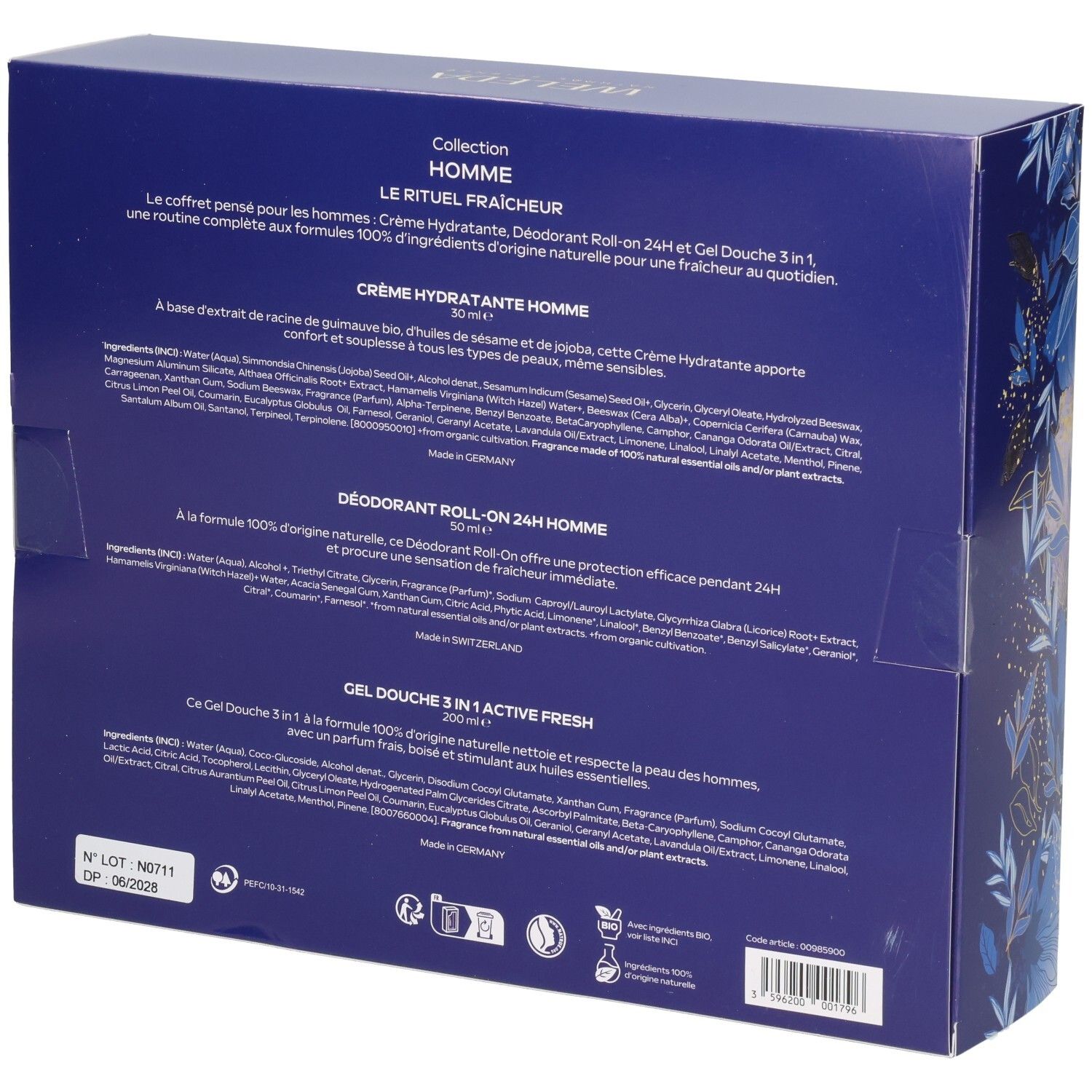 Arrière du coffret WELEDA HOMME : Contient crème hydratante, déodorant roll-on, gel douche.