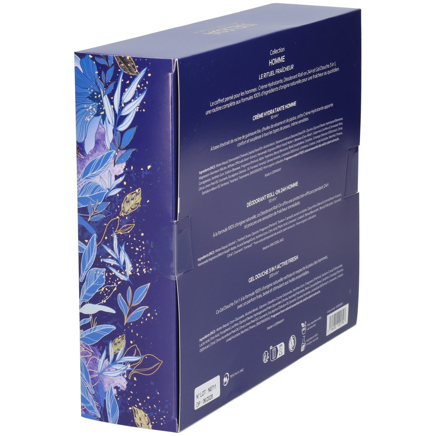Vue latérale du coffret WELEDA HOMME avec crème hydratante, déodorant roll-on, gel douche.
