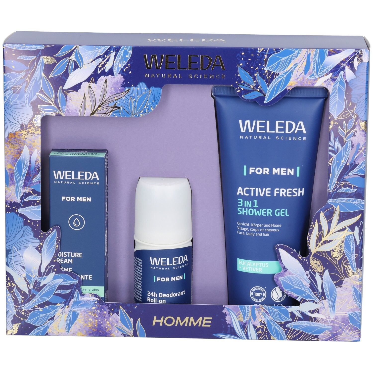 Coffret WELEDA HOMME : Crème hydratante, Déodorant Roll-on 24h et Gel douche 3-en-1.