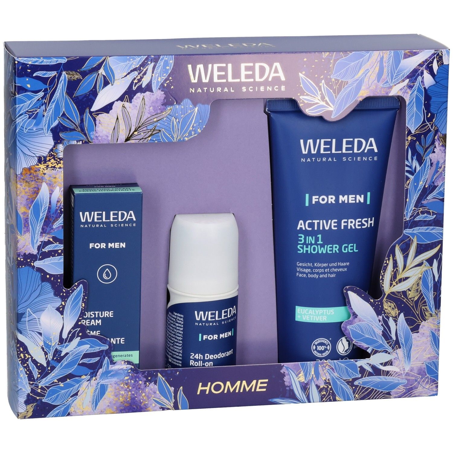 Coffret WELEDA HOMME : Crème hydratante, Déodorant Roll-on 24h et Gel douche 3-en-1.