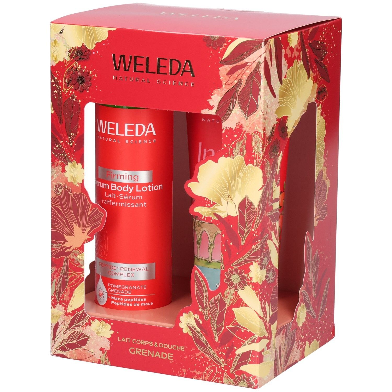 Coffret cadeau WELEDA avec emballage rouge grenade et deux produits de soin corporel.