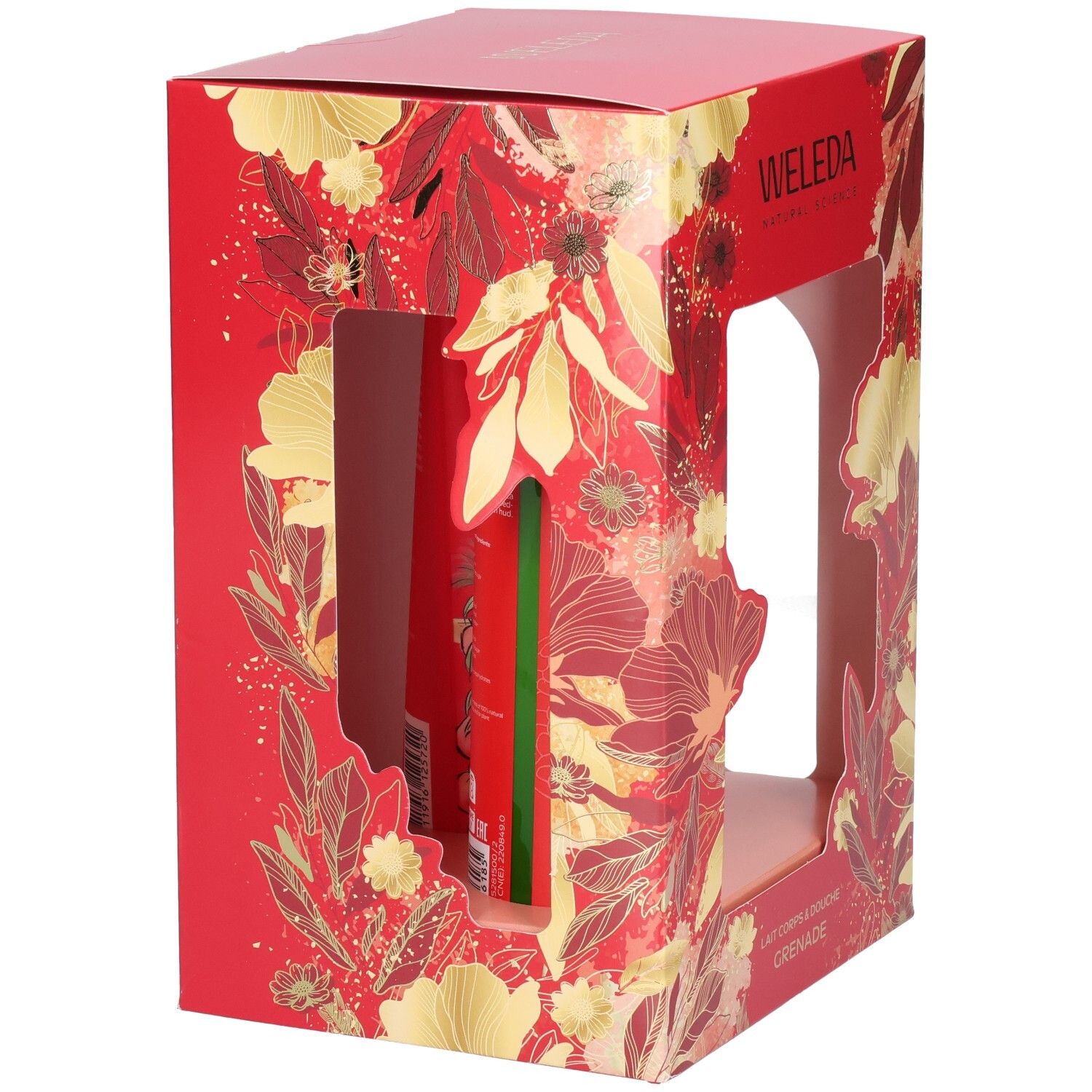 Arrière d'un coffret cadeau WELEDA avec informations détaillées sur le produit et les ingrédients.