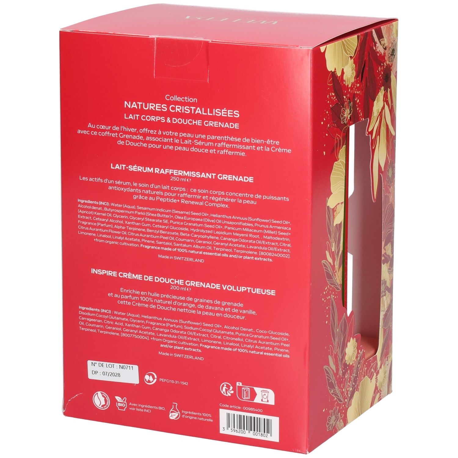 Vue latérale d'un coffret cadeau WELEDA avec un design floral et des fenêtres pour voir les produits.