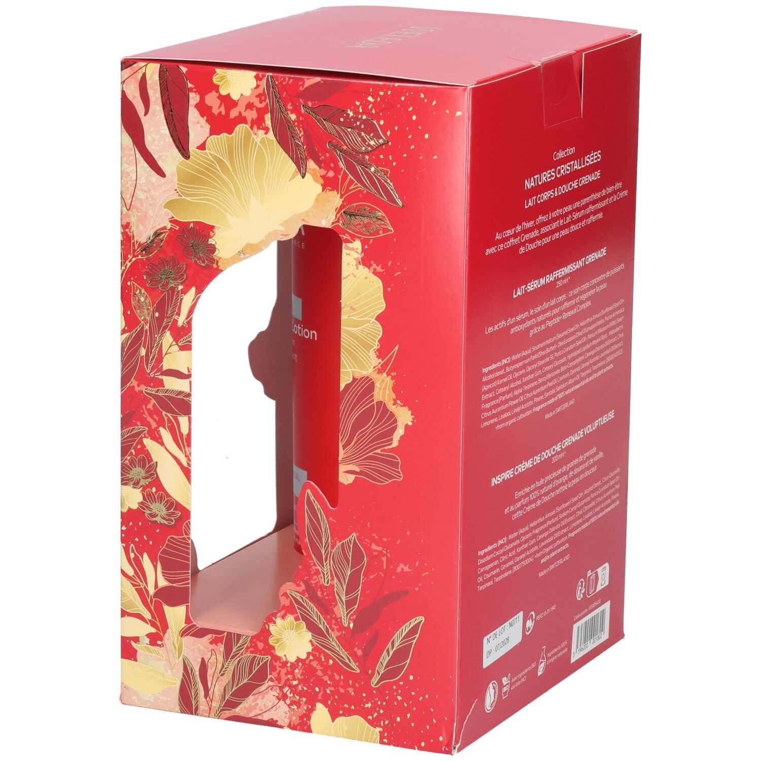 Vue latérale d'un coffret cadeau WELEDA avec un design floral et des fenêtres pour voir les produits.