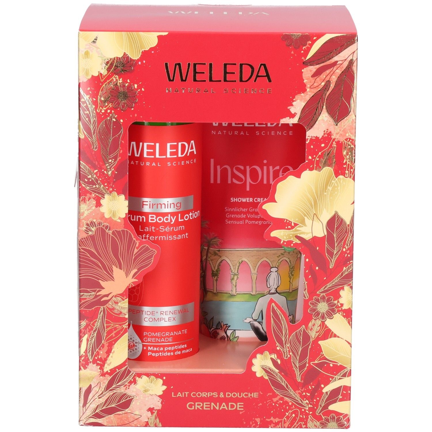 Coffret cadeau WELEDA avec emballage rouge grenade, montrant un sérum lait raffermissant et une crème de douche.