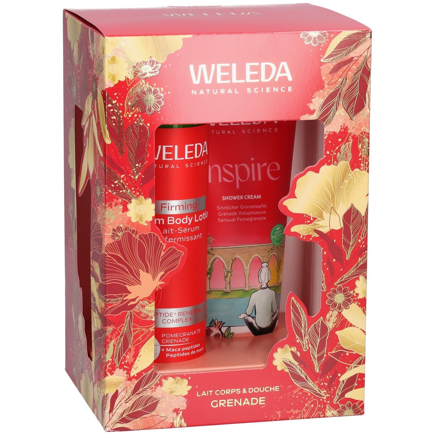 Coffret cadeau WELEDA avec emballage rouge grenade, montrant un sérum lait raffermissant et une crème de douche.