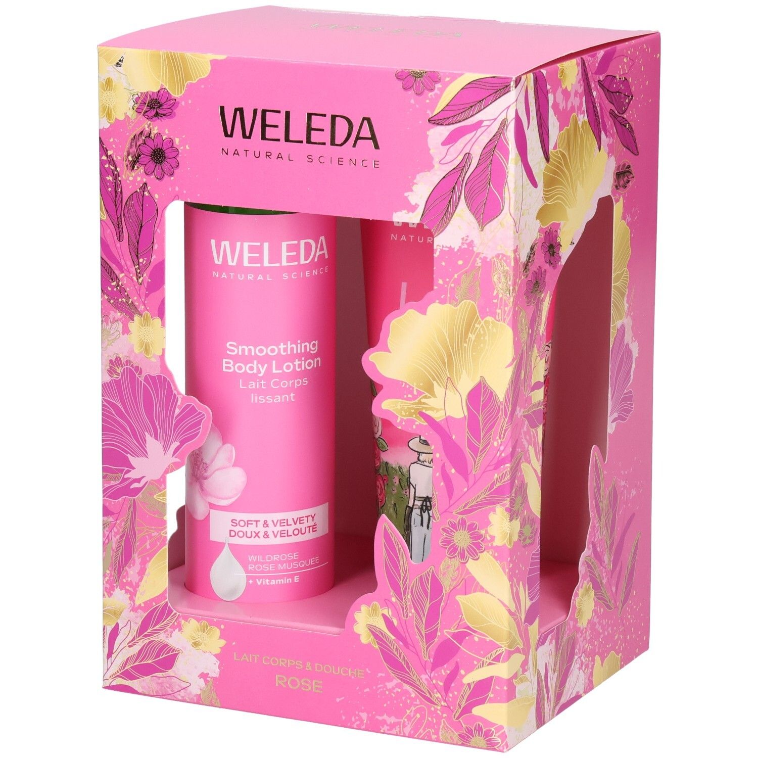 Coffret cadeau Weleda avec lait corporel et crème de douche, emballage rose à motifs floraux.