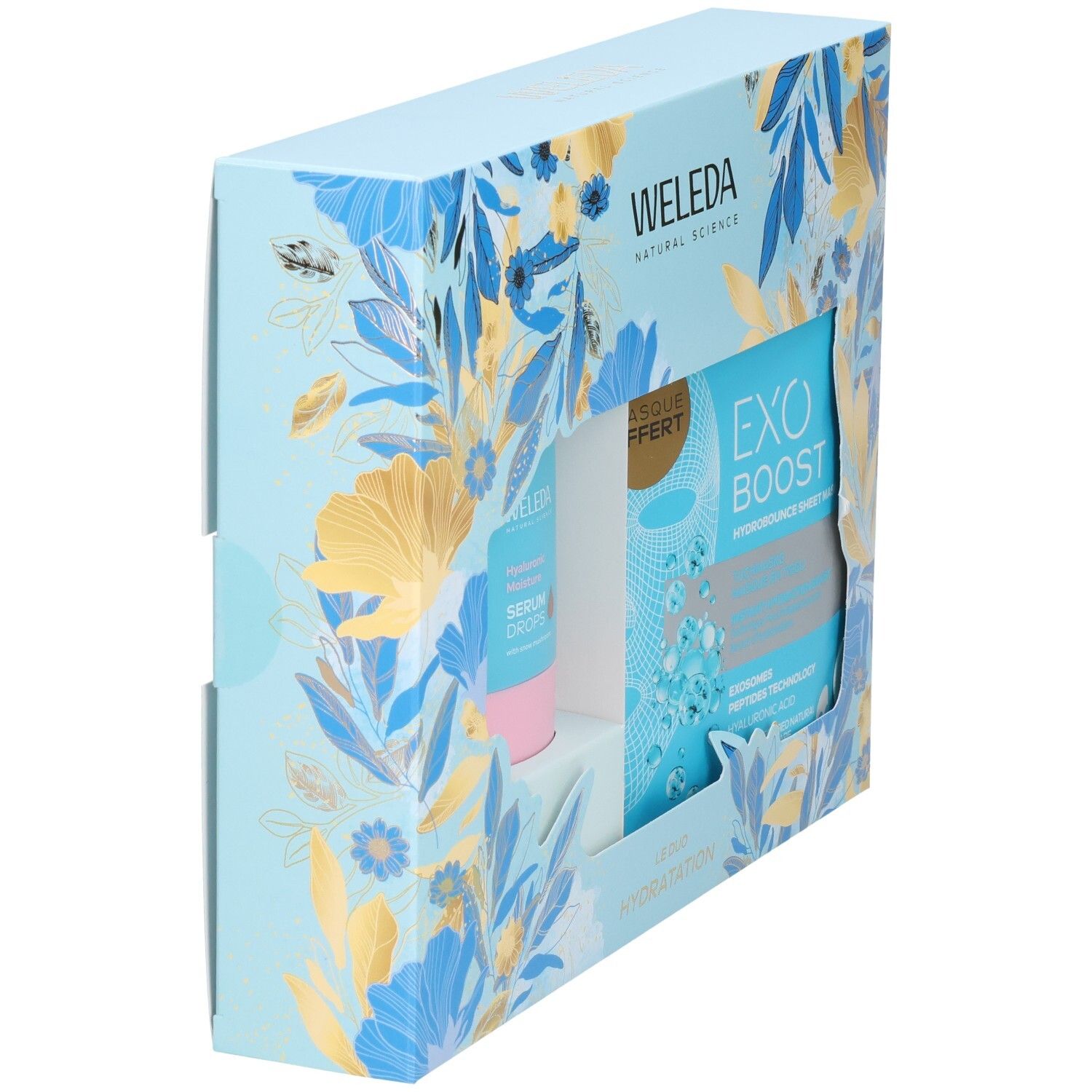 Vue latérale du coffret cadeau WELEDA avec Serum Drops et masque.
