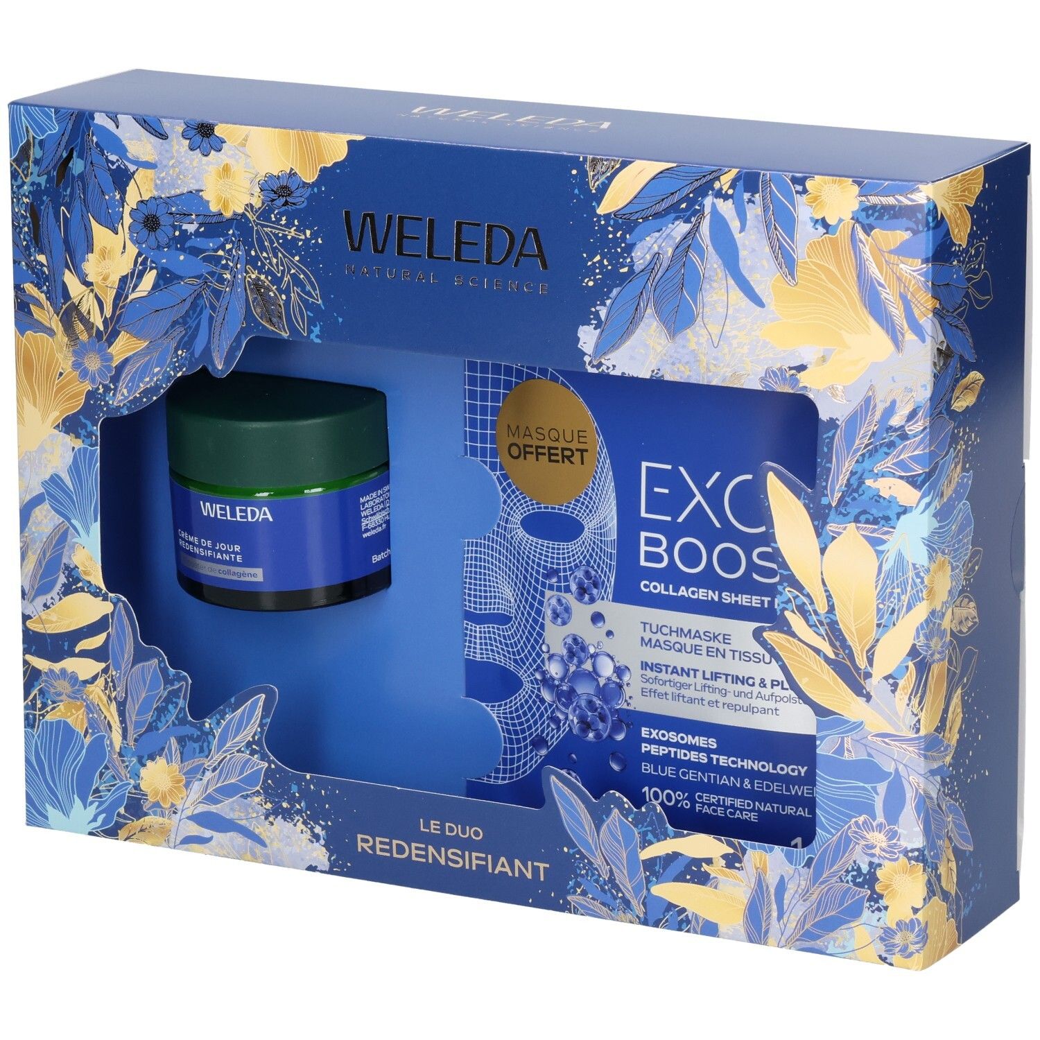Coffret cadeau Weleda avec crème visage et masque tissu, motifs floraux bleus et dorés.