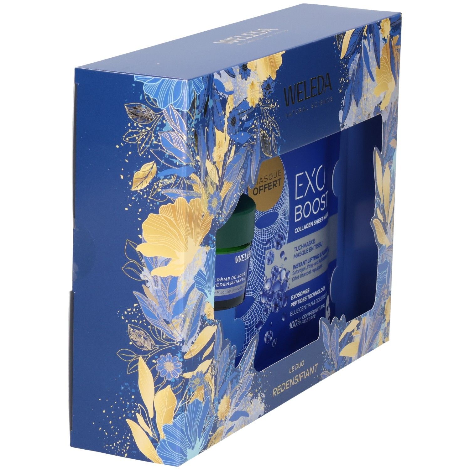 Coffret cadeau Weleda avec crème visage et masque tissu, vue latérale, motifs floraux bleus et dorés.