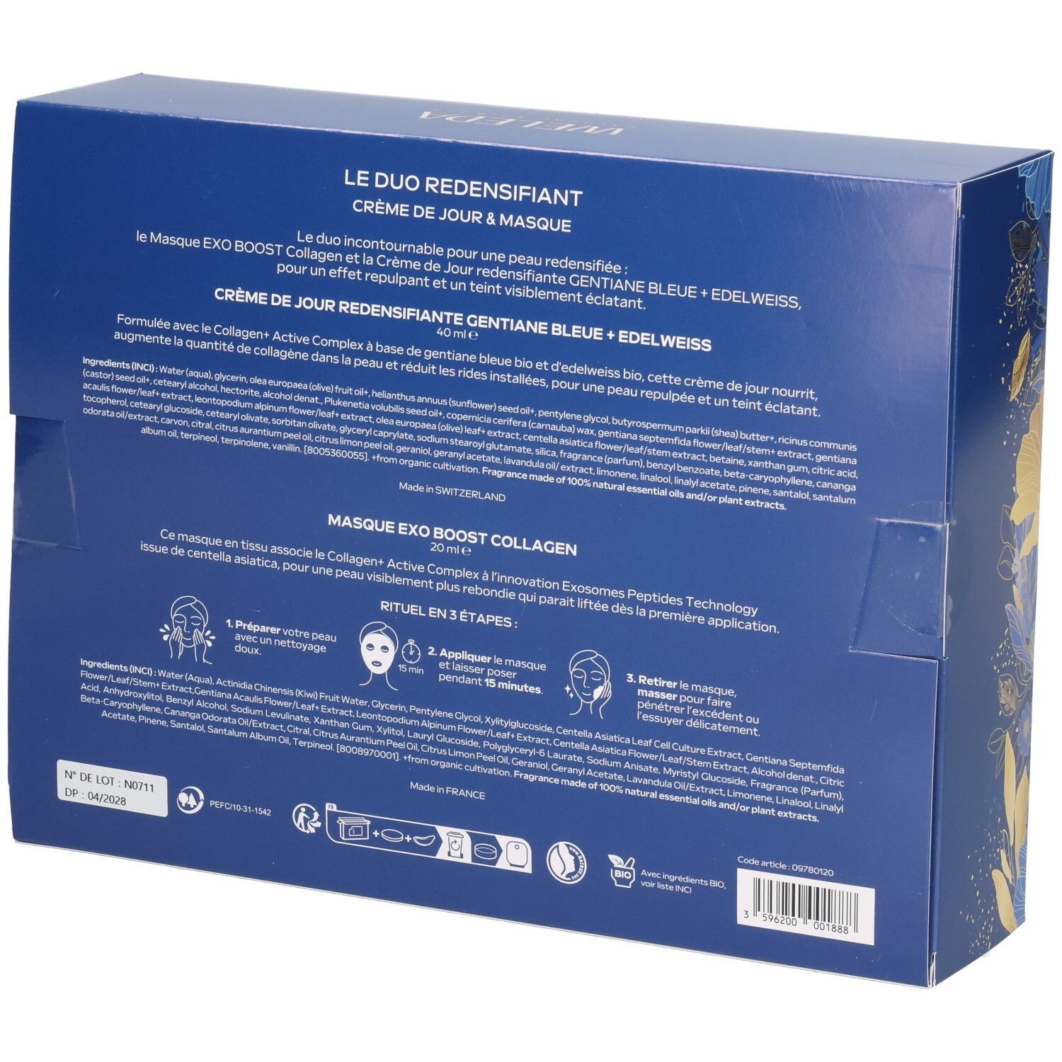 Arrière d'une boîte cadeau Weleda avec informations produit et instructions d'utilisation.