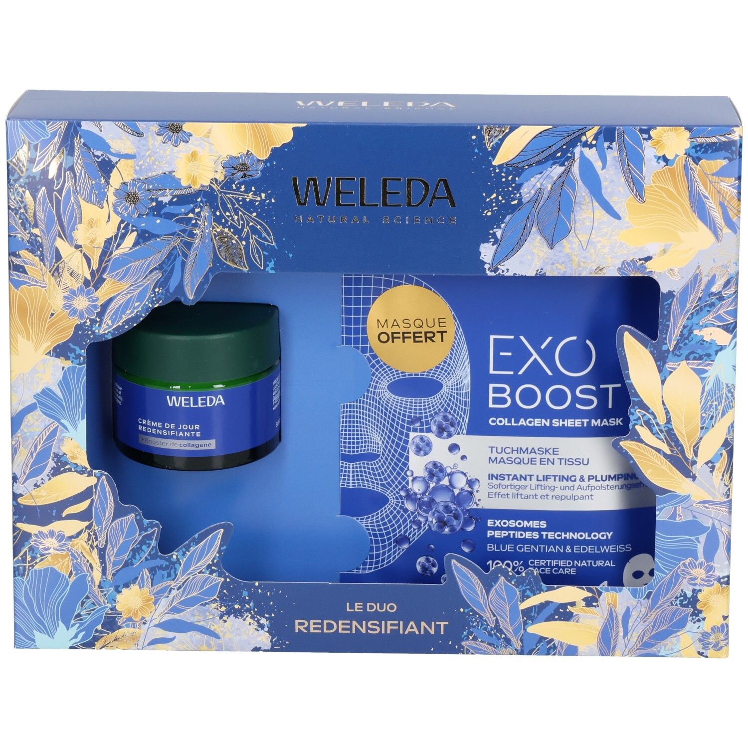 Coffret cadeau Weleda avec crème visage et masque tissu, motifs floraux bleus et dorés.