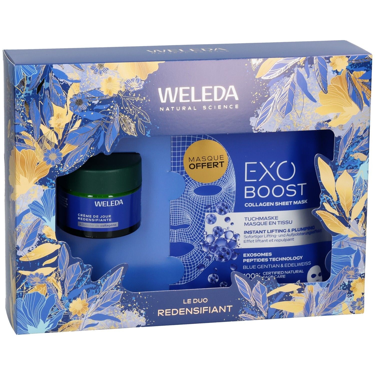 Coffret cadeau Weleda avec crème visage et masque tissu, motifs floraux bleus et dorés.
