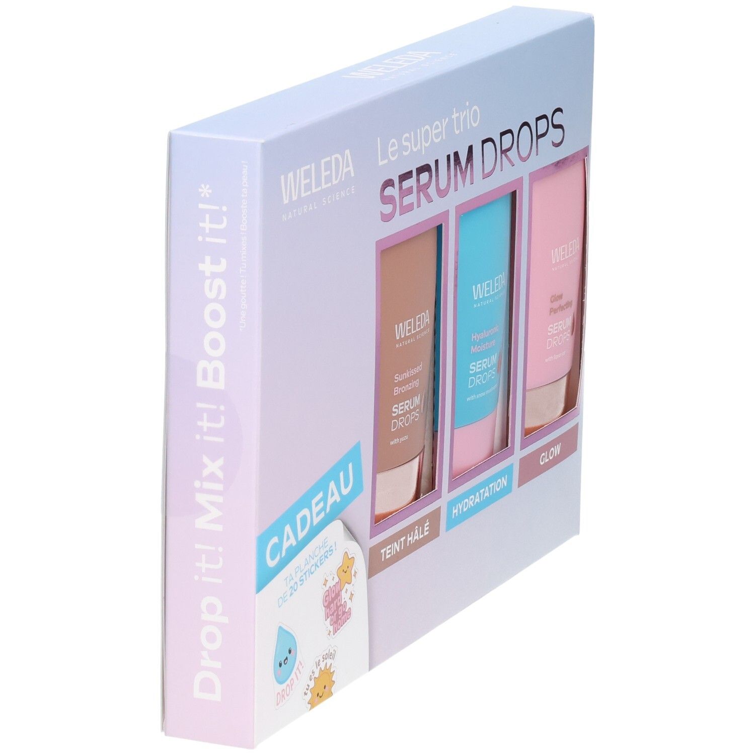 Coffret Weleda Trio Serum Drops, vue latérale avec trois sérums : Bronzing, Hydratation, Glow.