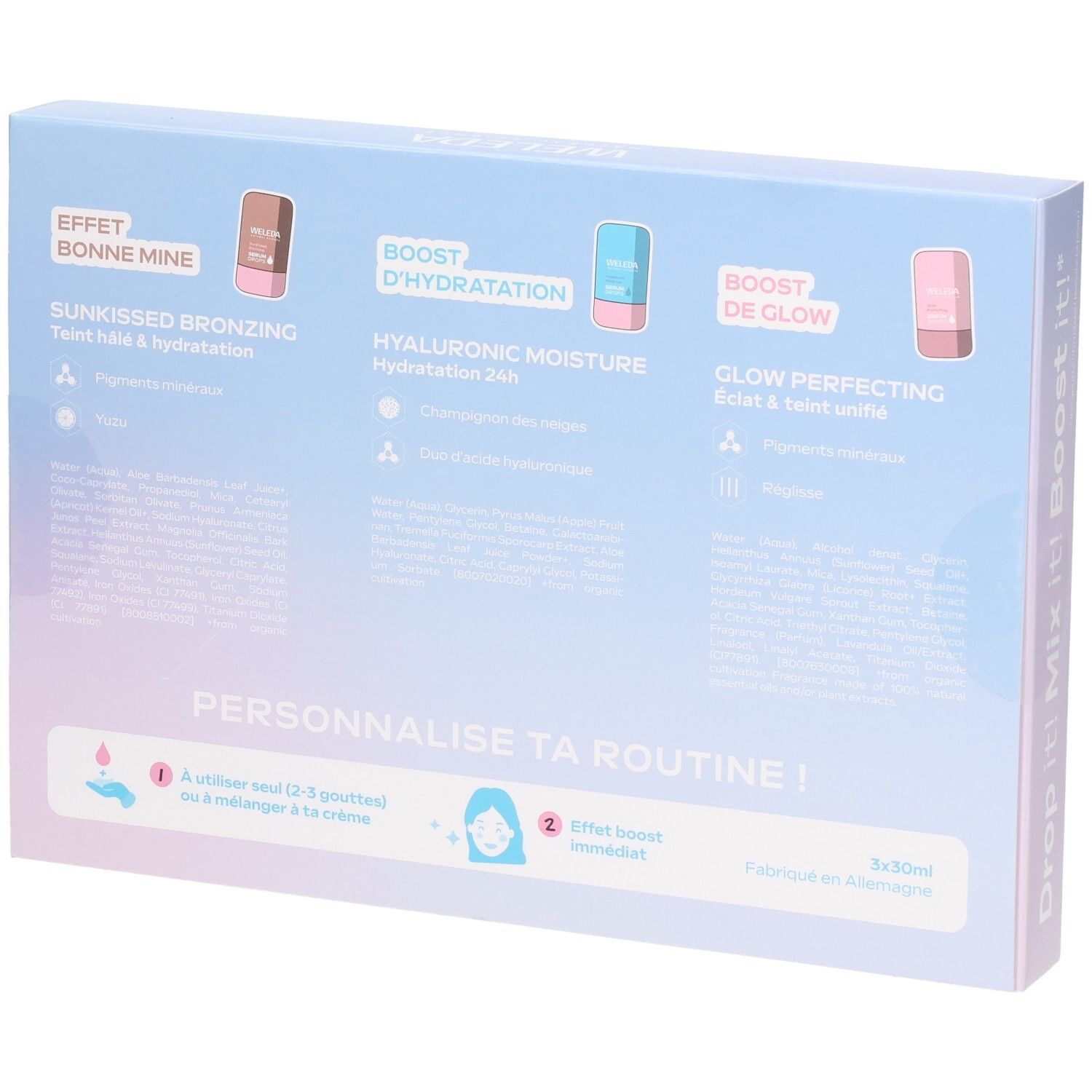 Arrière du coffret Weleda Trio Serum Drops avec informations produit et instructions d'utilisation.