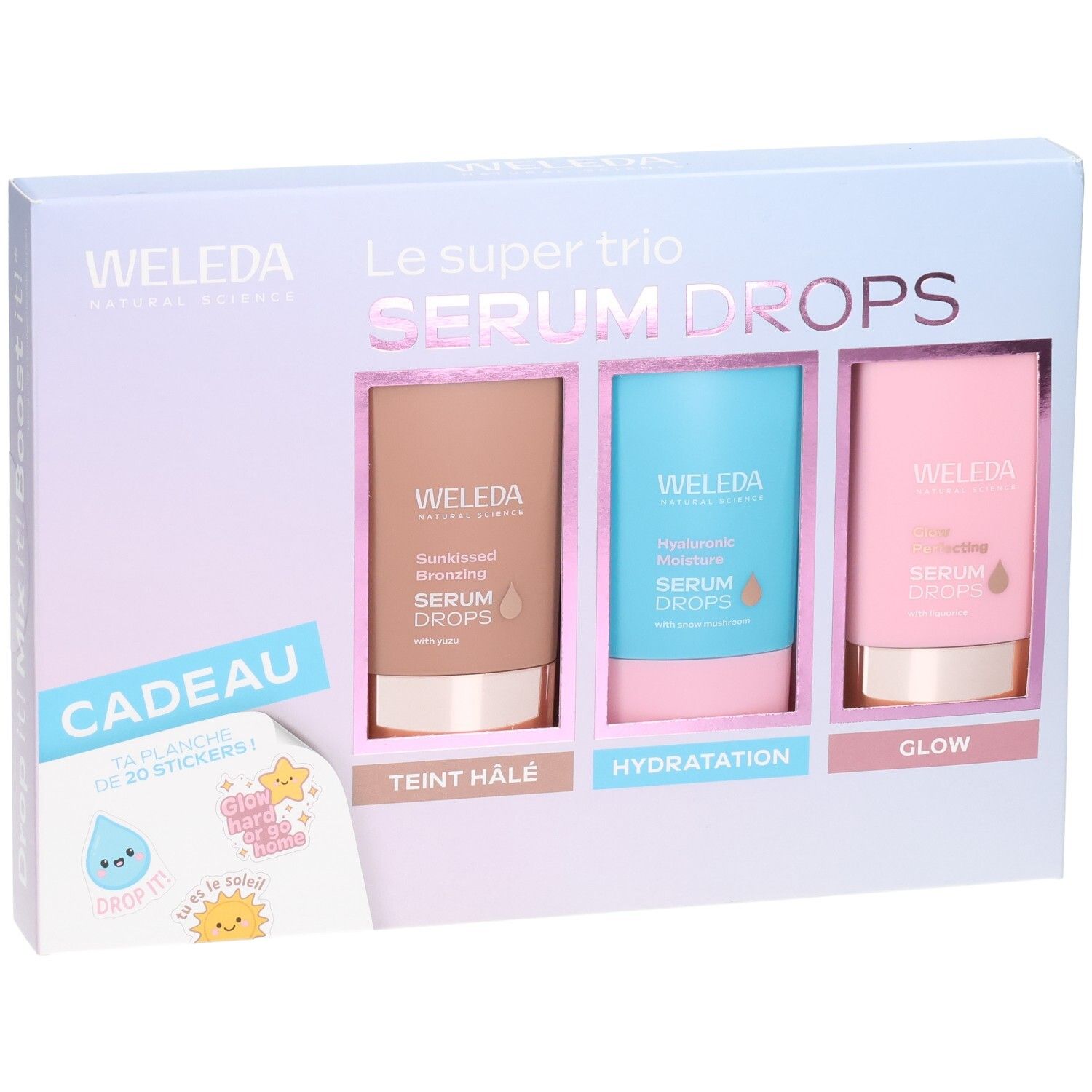 Coffret Weleda Trio Serum Drops avec trois sérums : Bronzing, Hydratation, Glow.