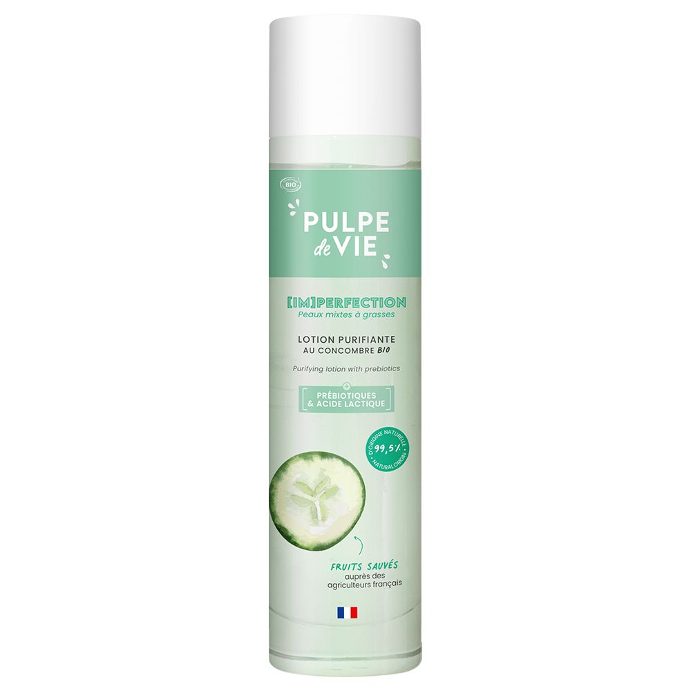 Pulpe de Vie Lotion purifiante : Lotion purifiante à la concombres et prébiotiques. Flacon transparent avec bouchon blanc.