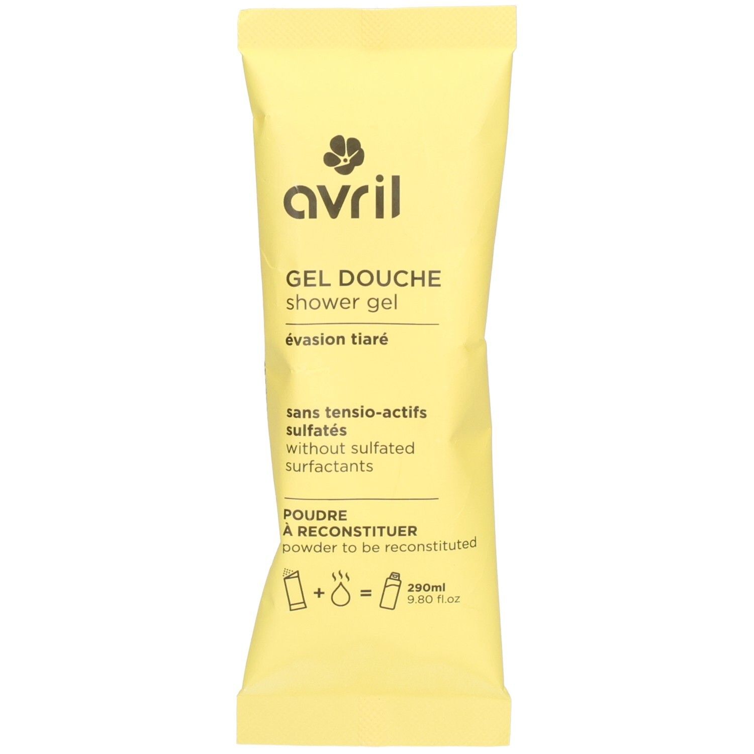Avril Gel douche en poudre à reconstituer, parfum Évasion tiaré, sans tensio-actifs sulfatés.