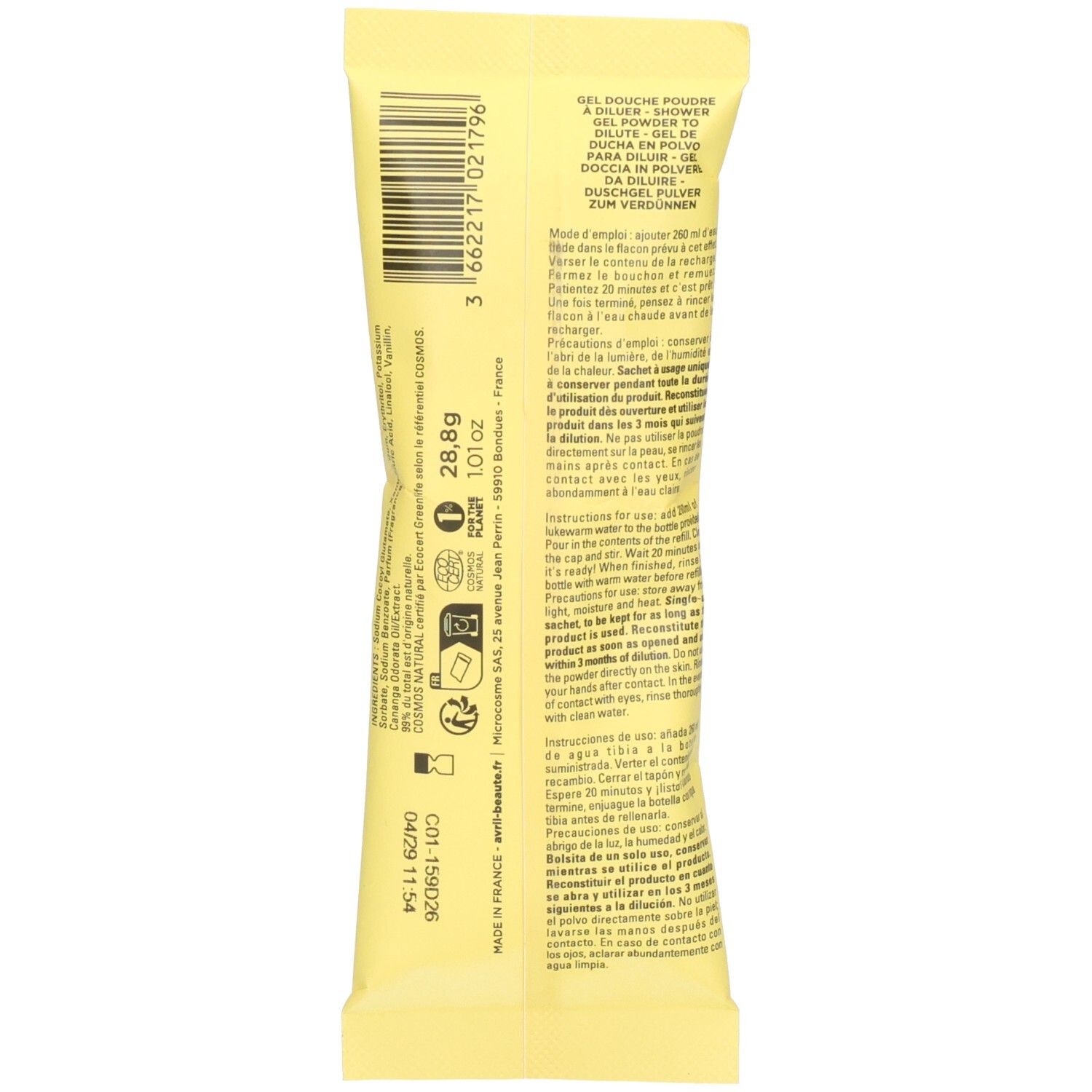 Arrière de l'emballage du gel douche en poudre Avril avec instructions et certifications.