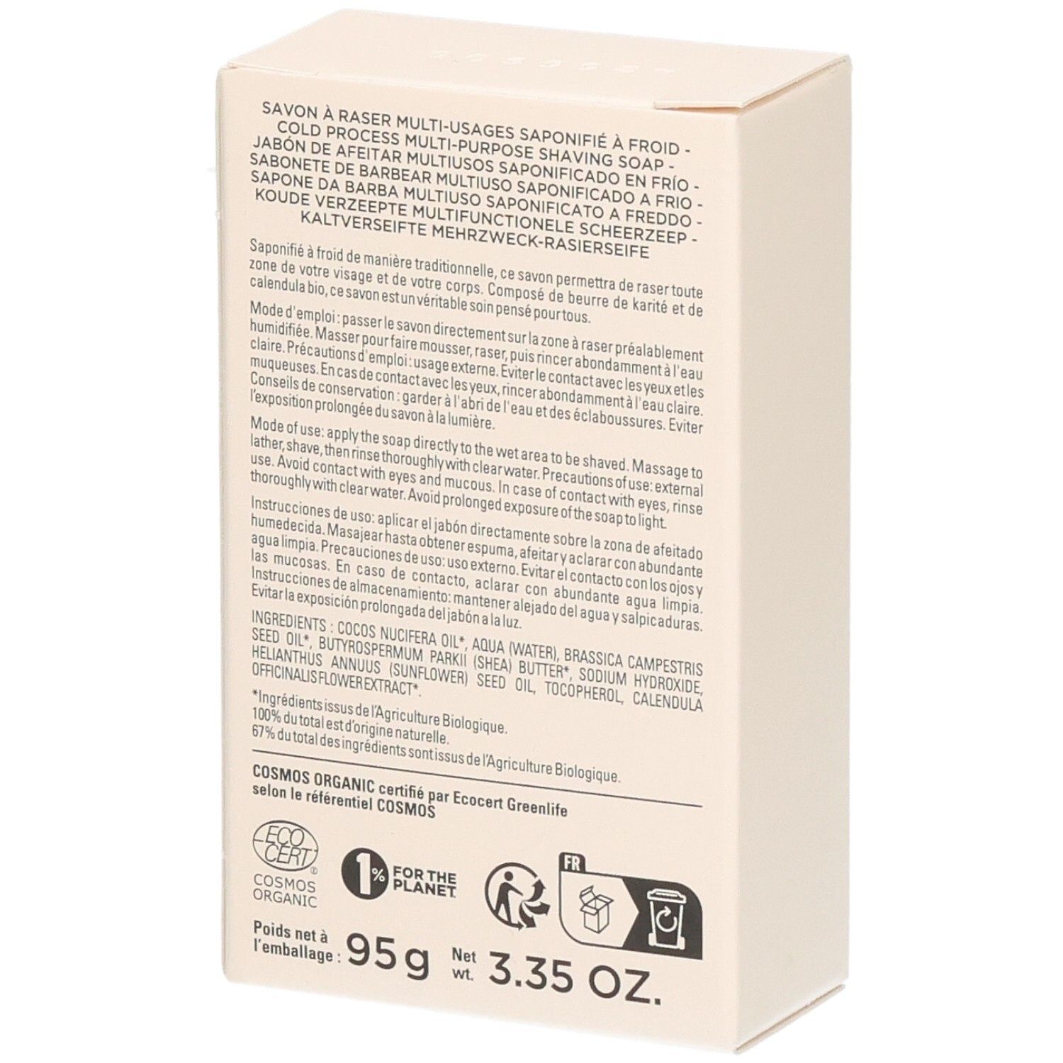 Savon à raser Avril: verso avec ingrédients, usage et labels (Cosmos Organic). 95g.