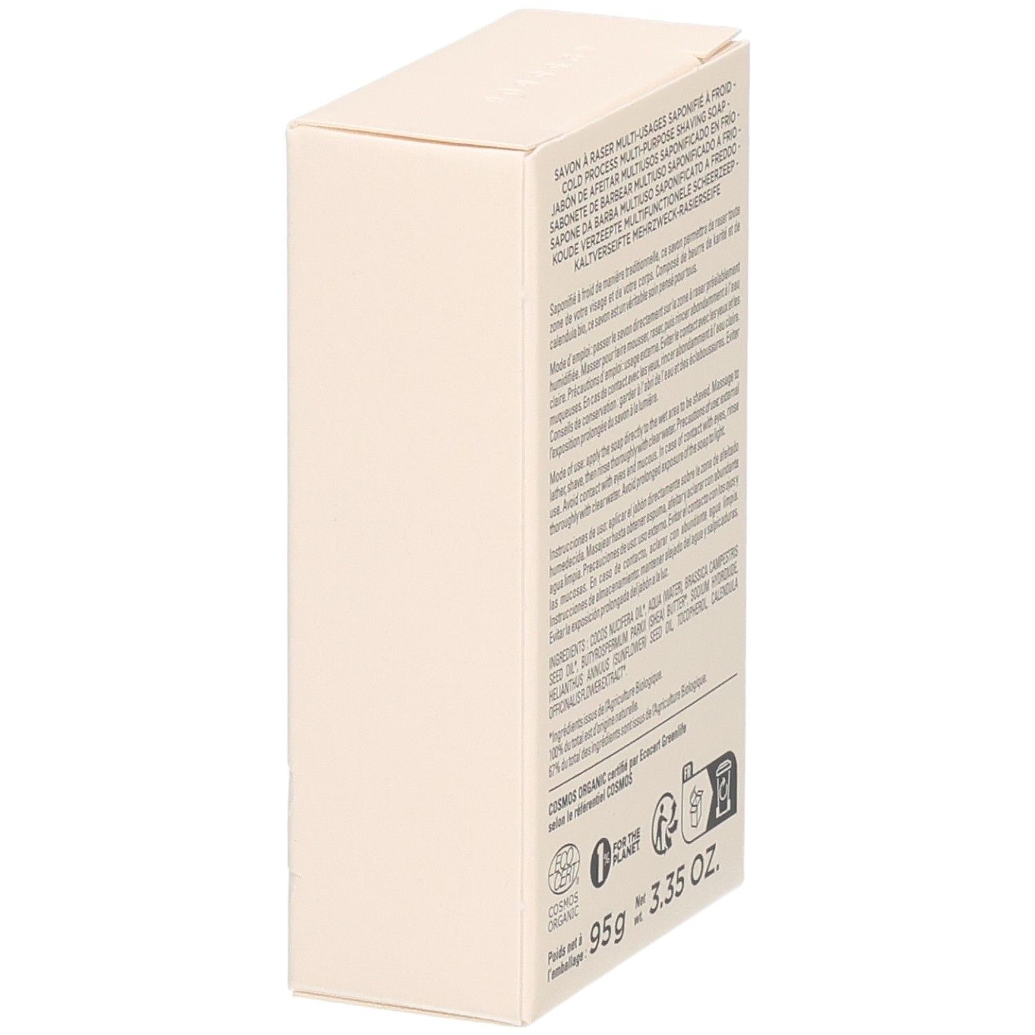 Savon à raser Avril: verso avec ingrédients, usage et labels (Cosmos Organic). 95g.