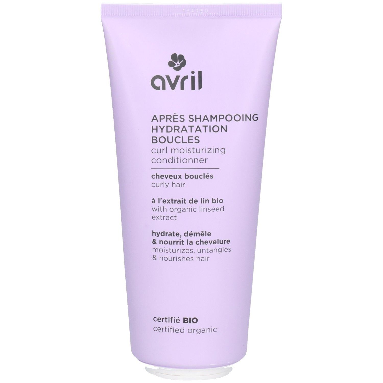 Tube lilas avec inscription blanche. Avril Après Shampooing Hydratation Boucles.