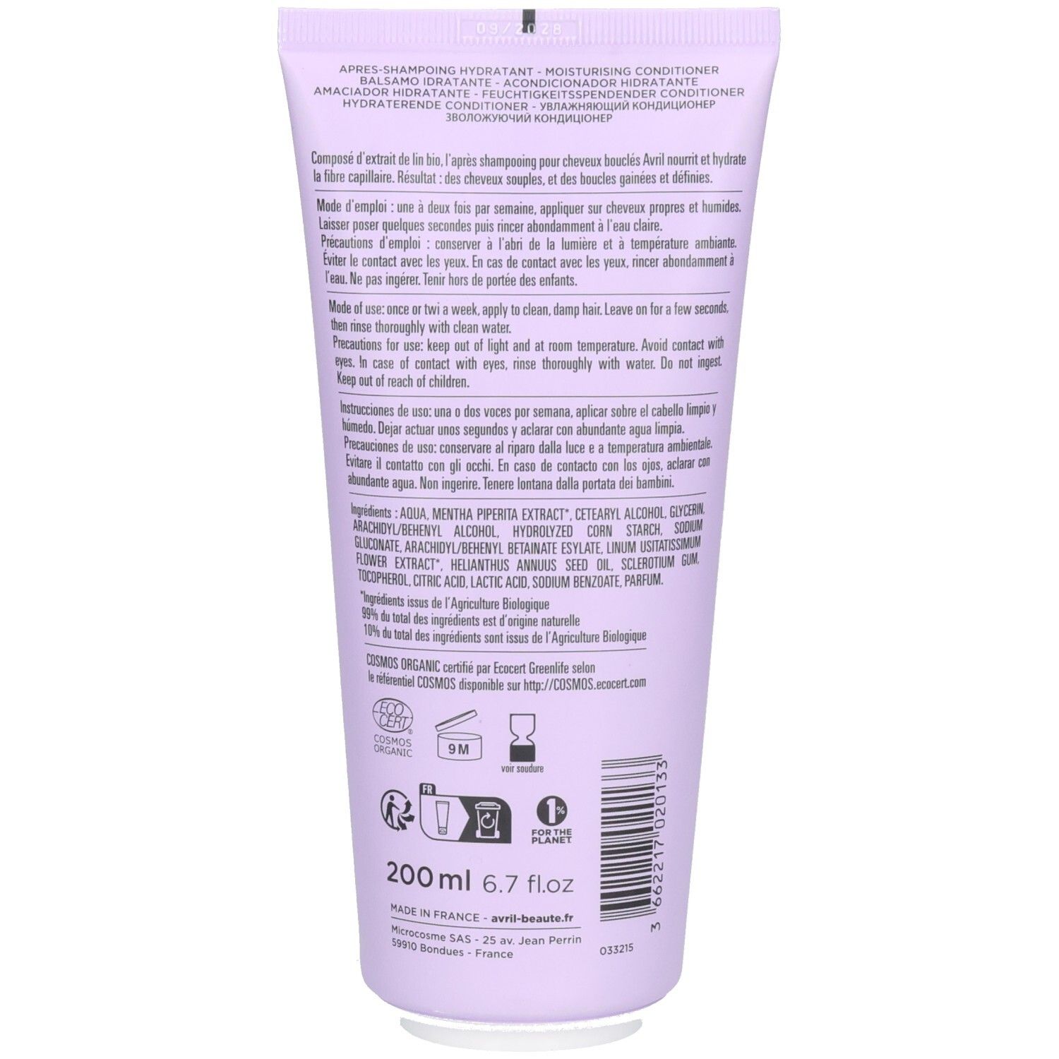 Arrière d'un tube lilas avec informations produit et ingrédients. 200 ml.