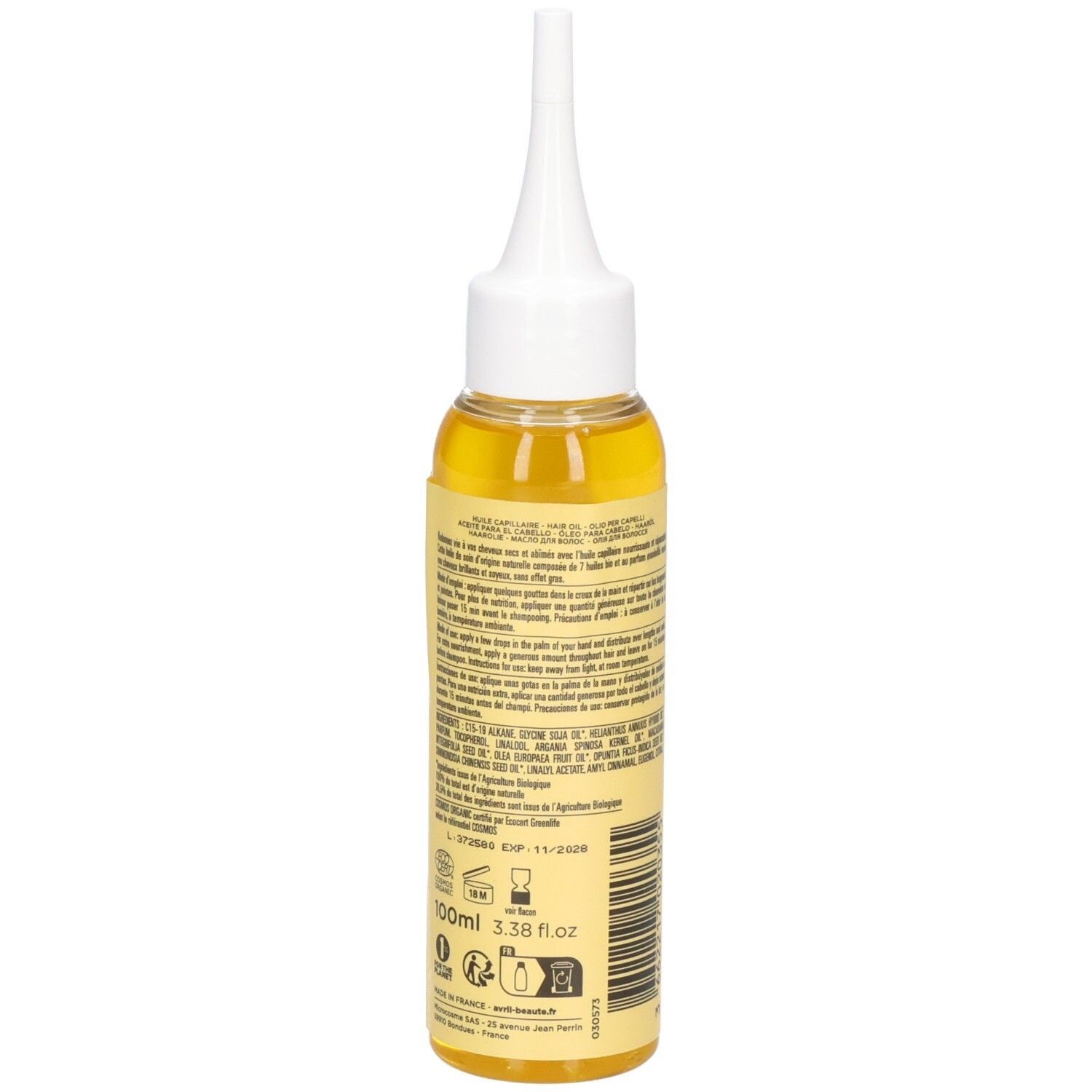 Huile capillaire Avril, vue arrière. Flacon jaune avec applicateur. 100ml. Certifiée Bio.