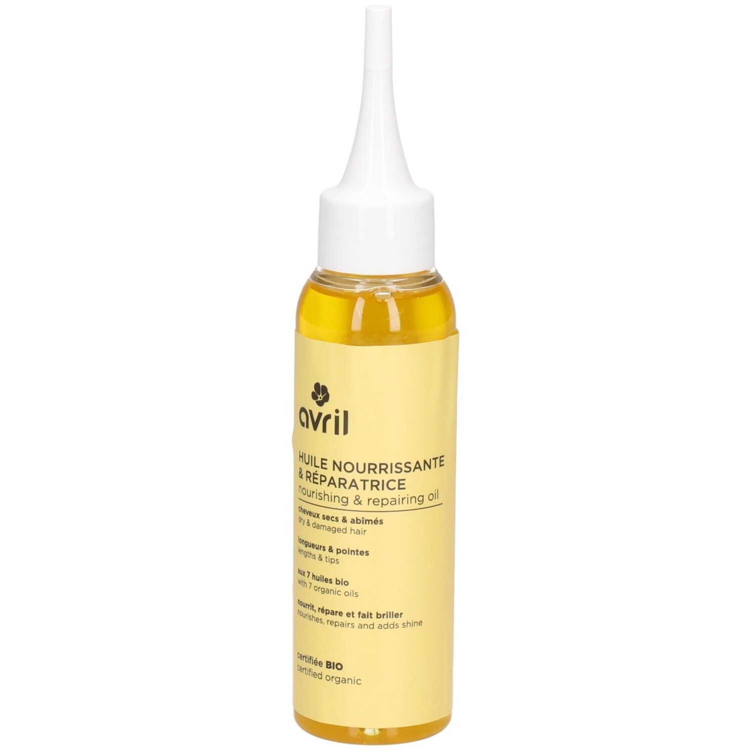 Huile capillaire Avril dans un flacon jaune avec applicateur. Certifiée Bio.