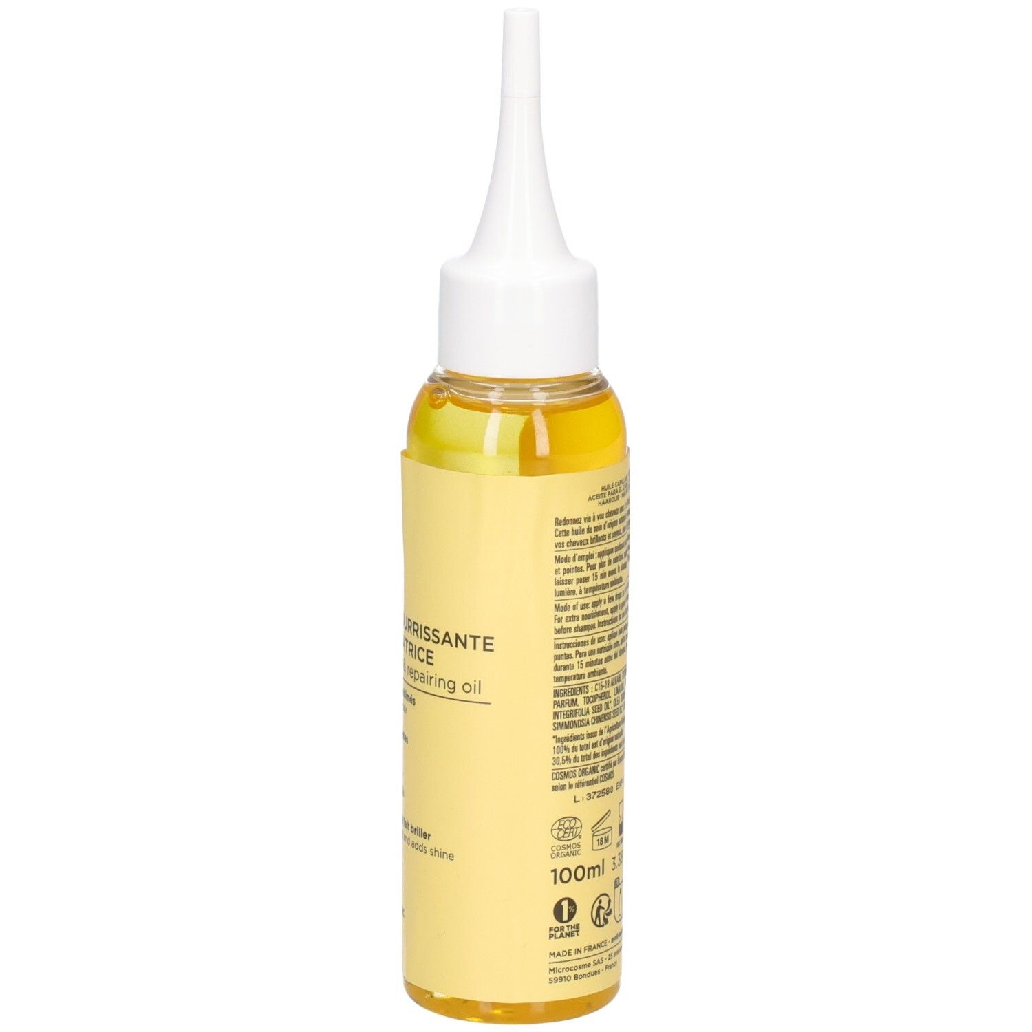 Huile capillaire Avril, vue arrière. Flacon jaune avec applicateur. 100ml. Certifiée Bio.