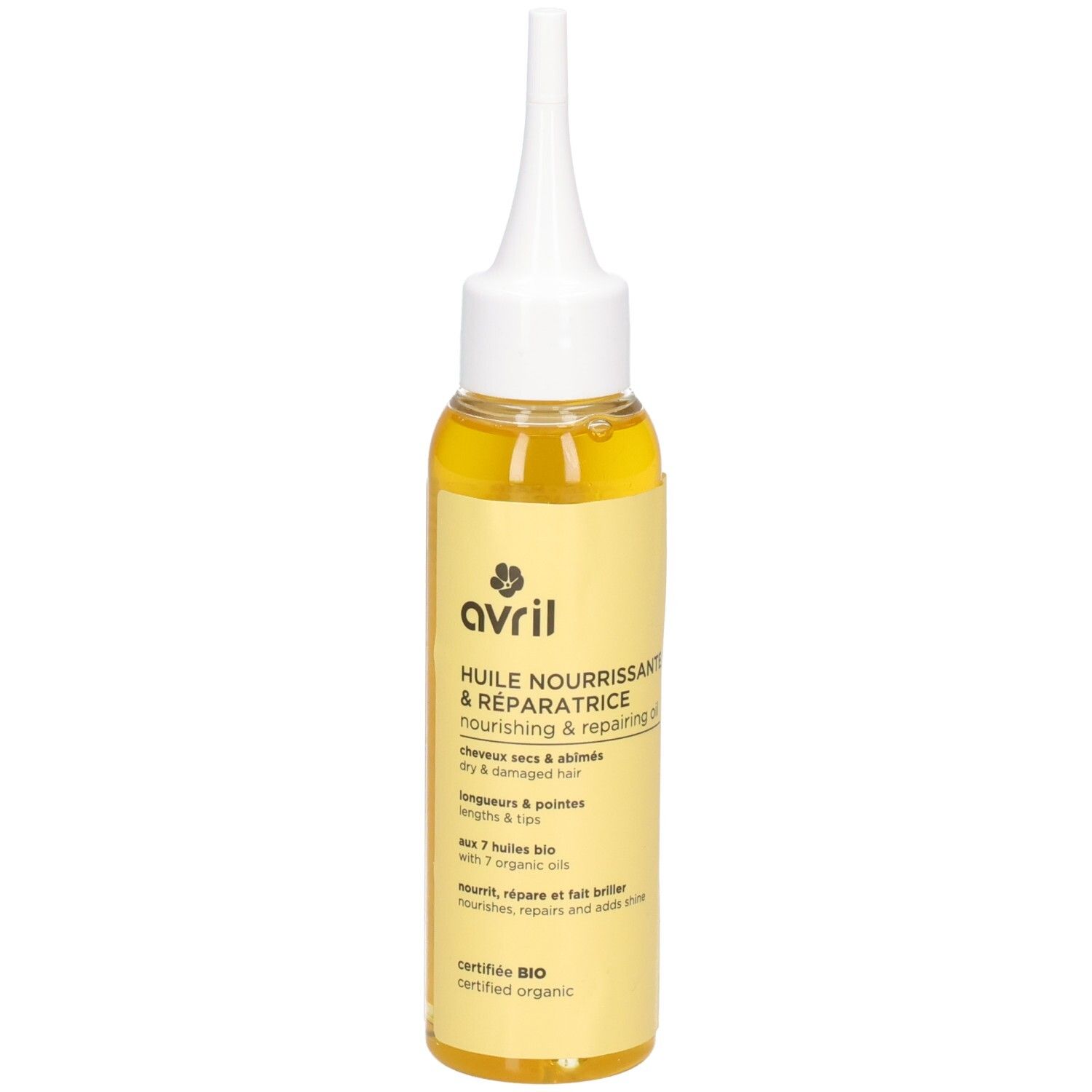 Huile capillaire Avril dans un flacon jaune avec applicateur. Certifiée Bio.