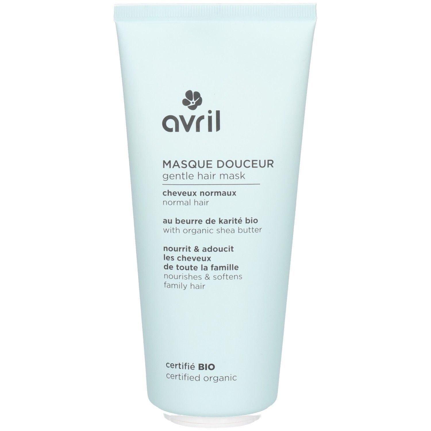 Tube bleu clair avec inscription Avril Masque Douceur Gentle Hair Mask et label bio.