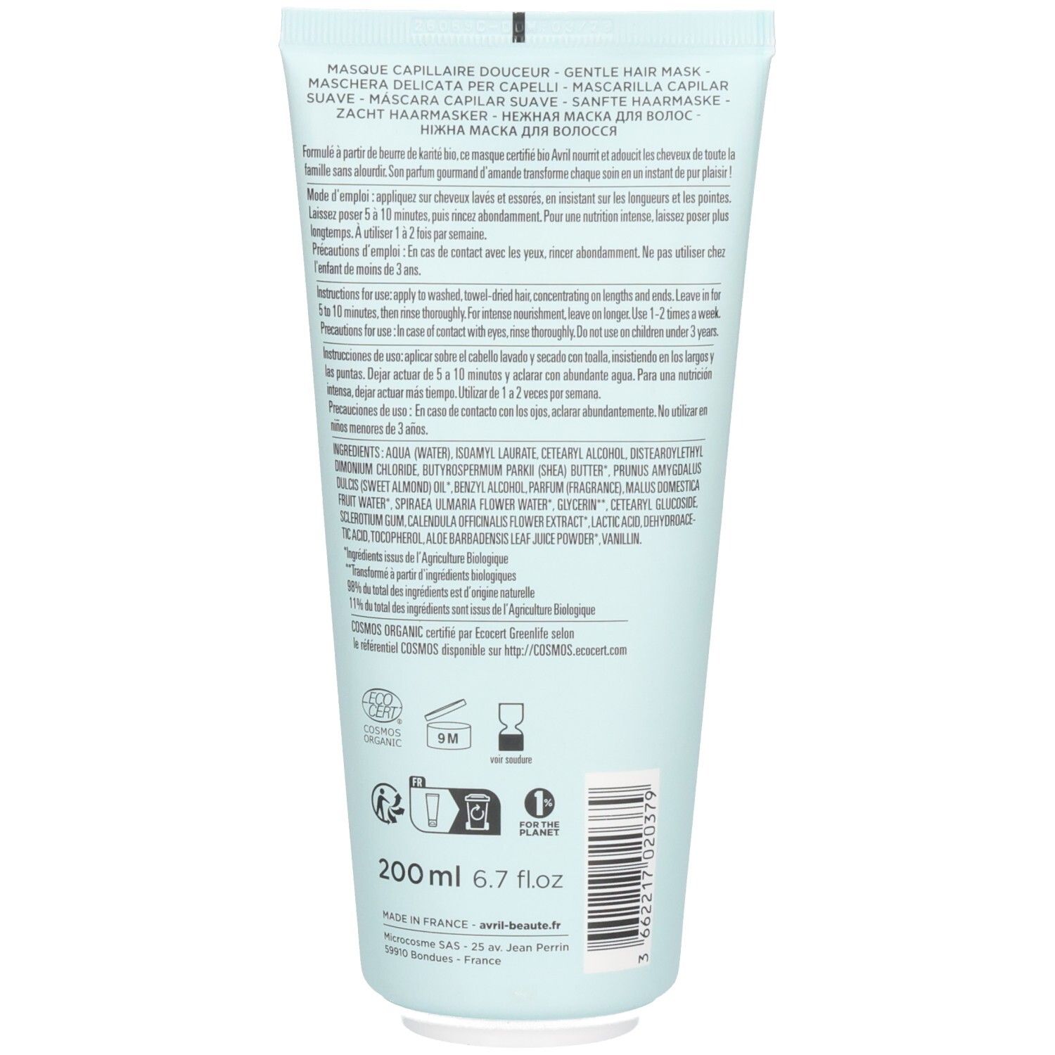 Arrière d'un tube bleu clair avec Avril Masque Douceur Gentle Hair Mask, ingrédients et instructions.
