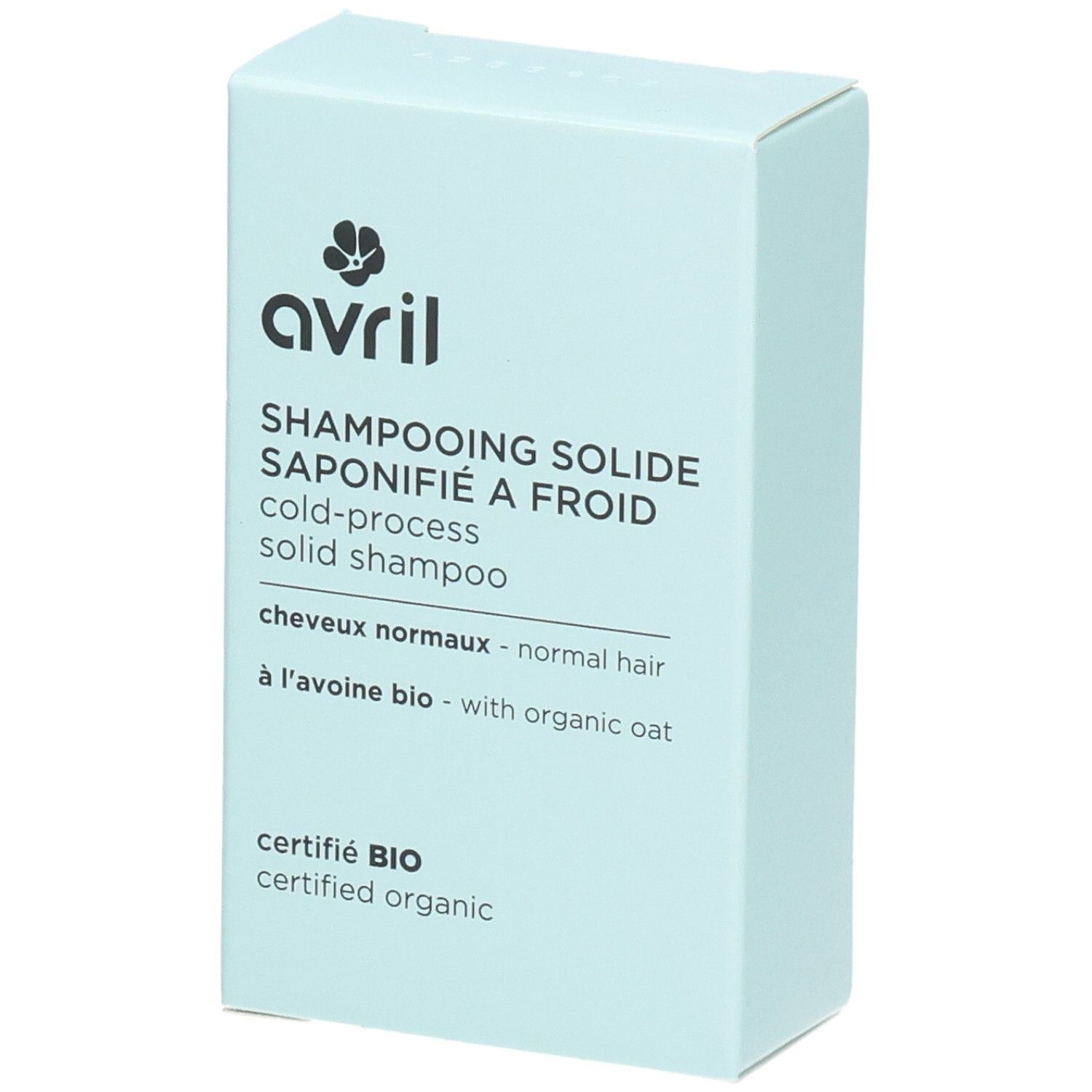 Boîte de shampooing solide Avril, saponifié à froid, pour cheveux normaux à l'avoine bio.