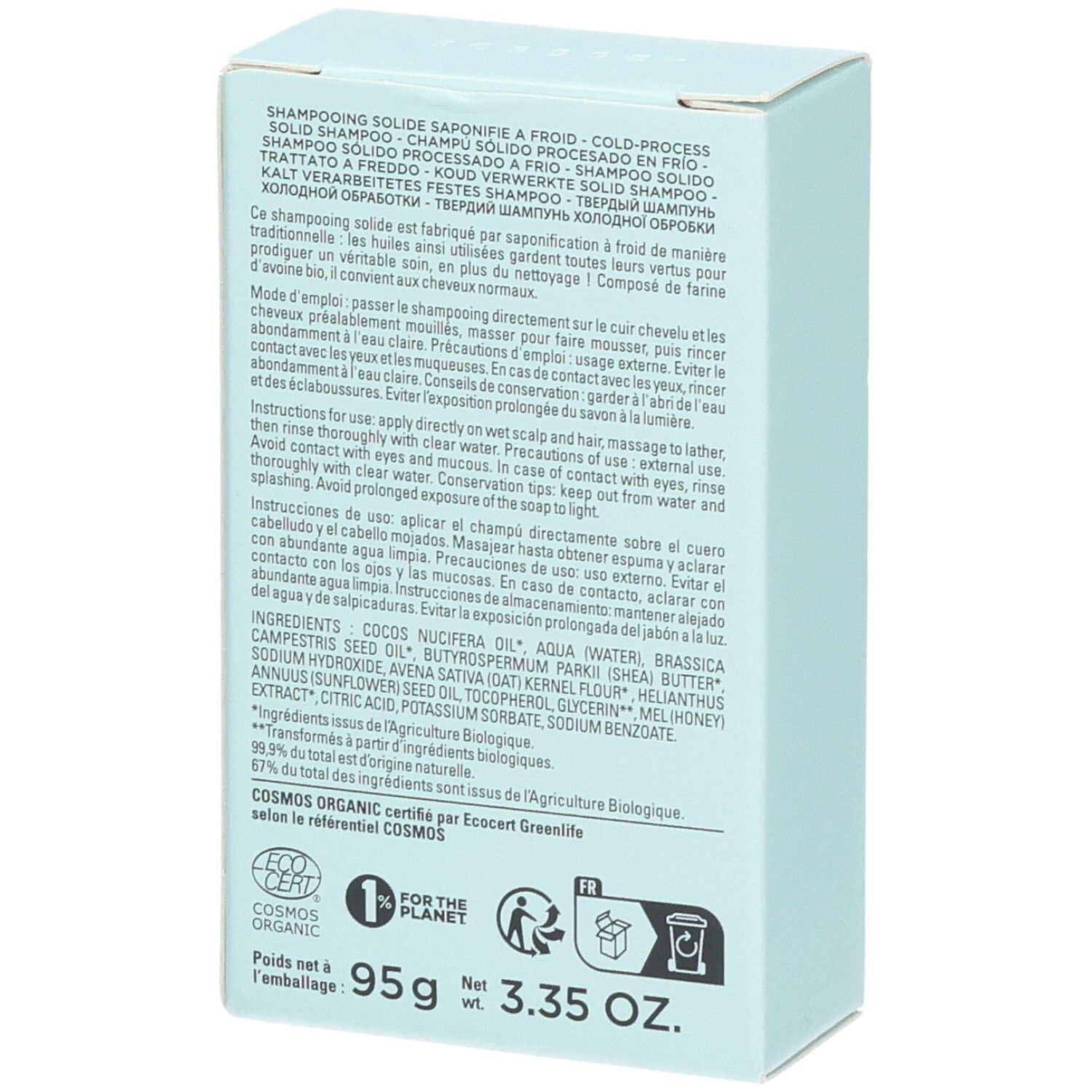 Arrière de la boîte de shampooing solide Avril avec ingrédients et certifications.