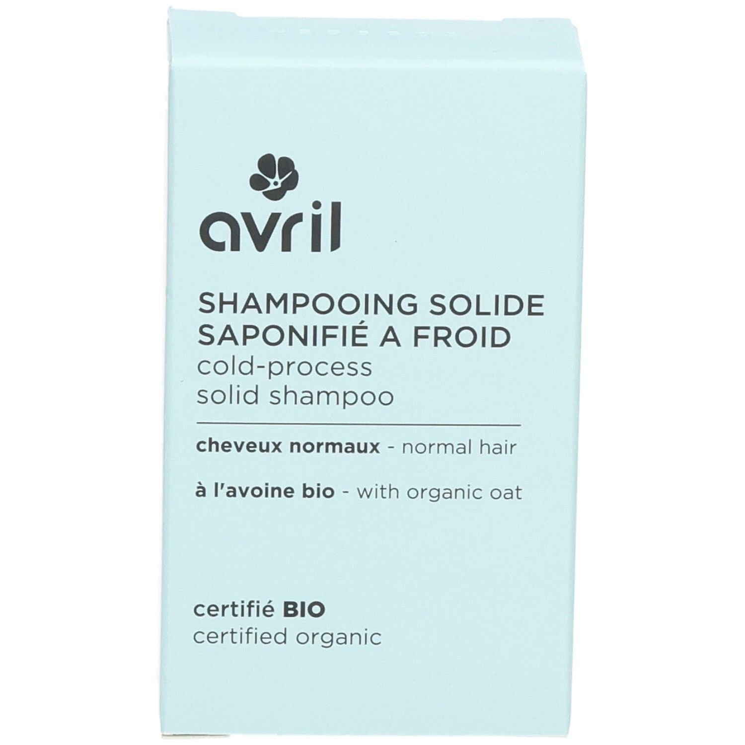 Boîte de shampooing solide Avril, saponifié à froid, pour cheveux normaux à l'avoine bio.