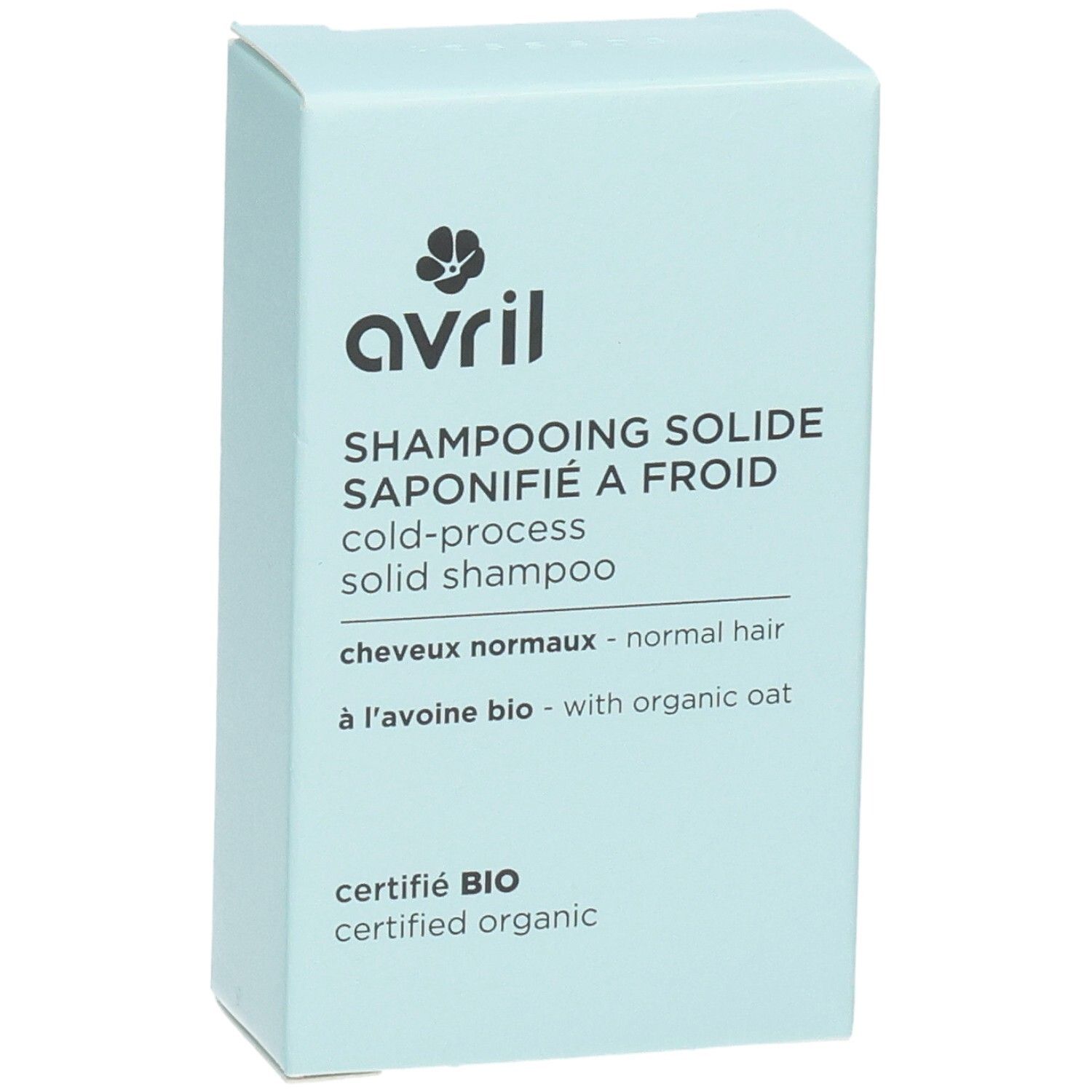 Boîte de shampooing solide Avril, saponifié à froid, pour cheveux normaux à l'avoine bio.