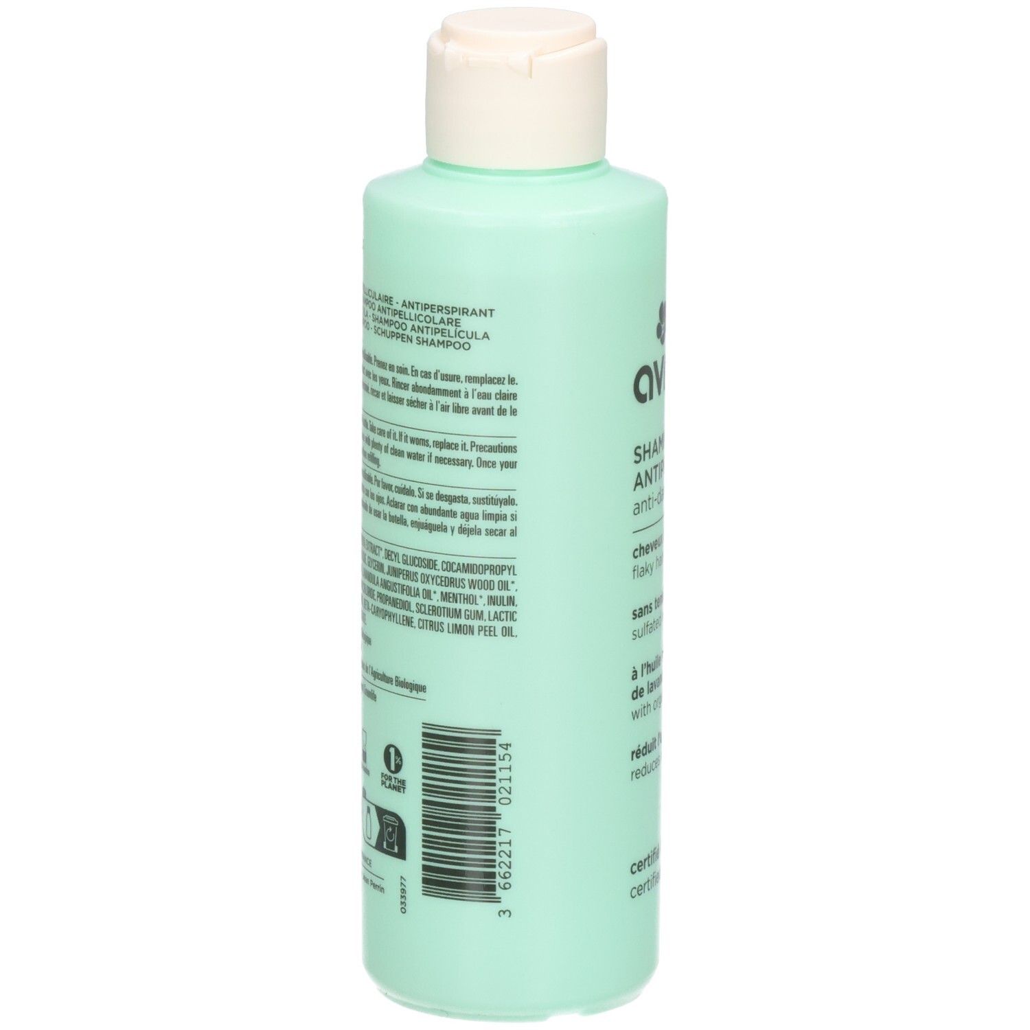 Dos du shampooing antipelliculaire Avril, 250ml, certifié bio. Contient des informations sur les ingrédients.