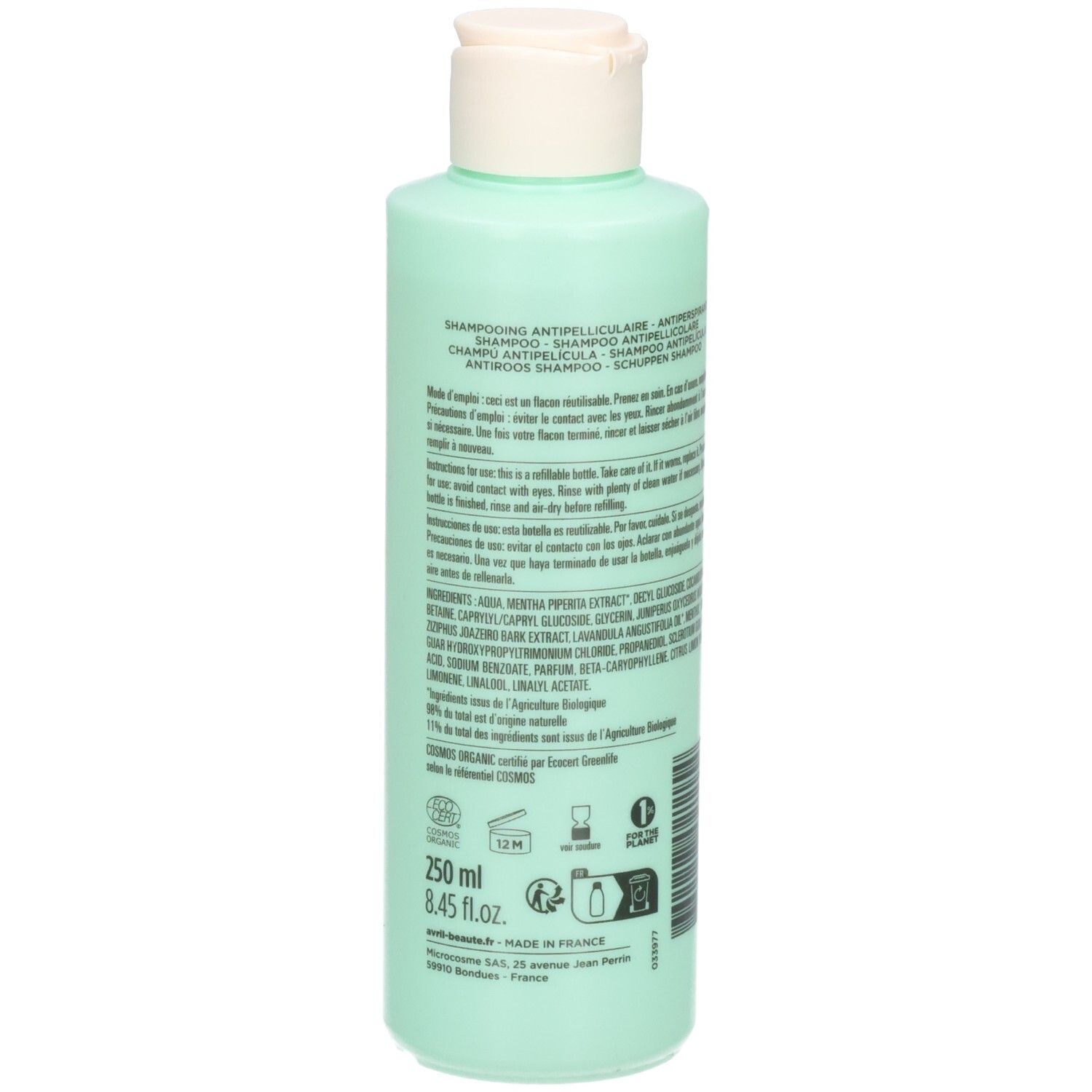 Dos du shampooing antipelliculaire Avril, 250ml, certifié bio. Affiche les ingrédients et certifications.