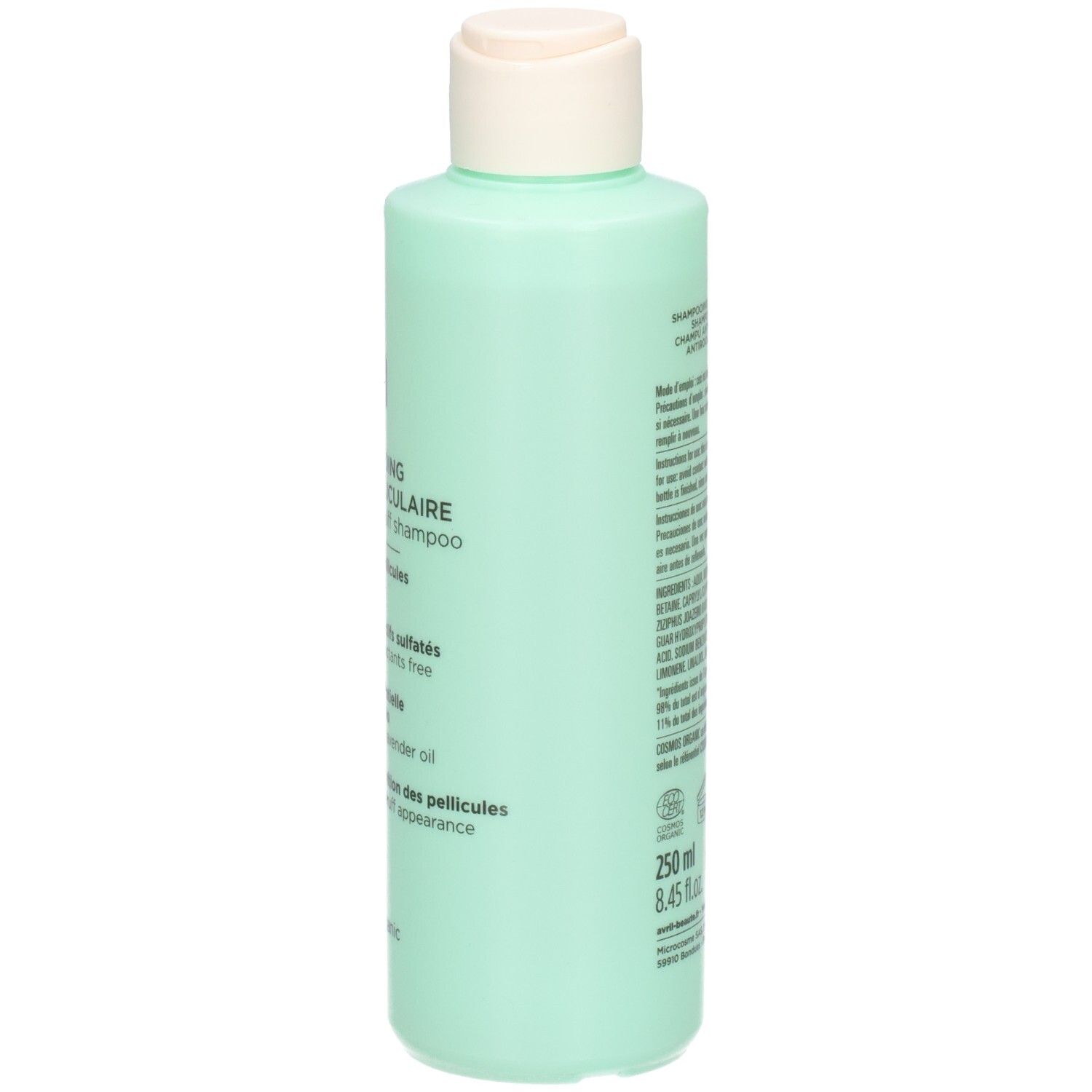 Dos du shampooing antipelliculaire Avril, 250ml, certifié bio. Contient des informations sur les ingrédients.