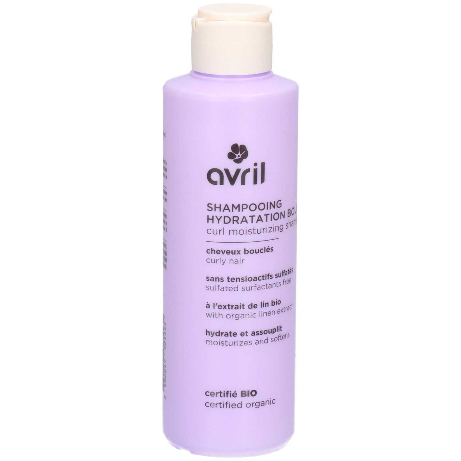 Bouteille lavande avec bouchon blanc. Shampooing Hydratation Boucles Avril.