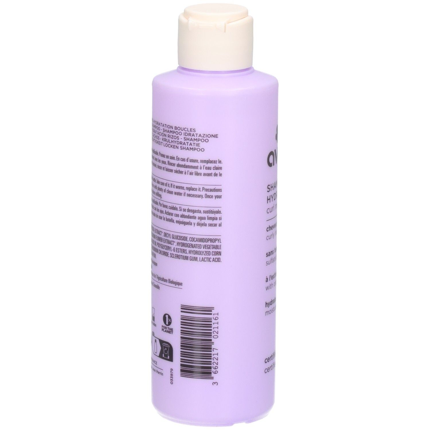 Arrière d'une bouteille lavande avec informations produit et code-barres.