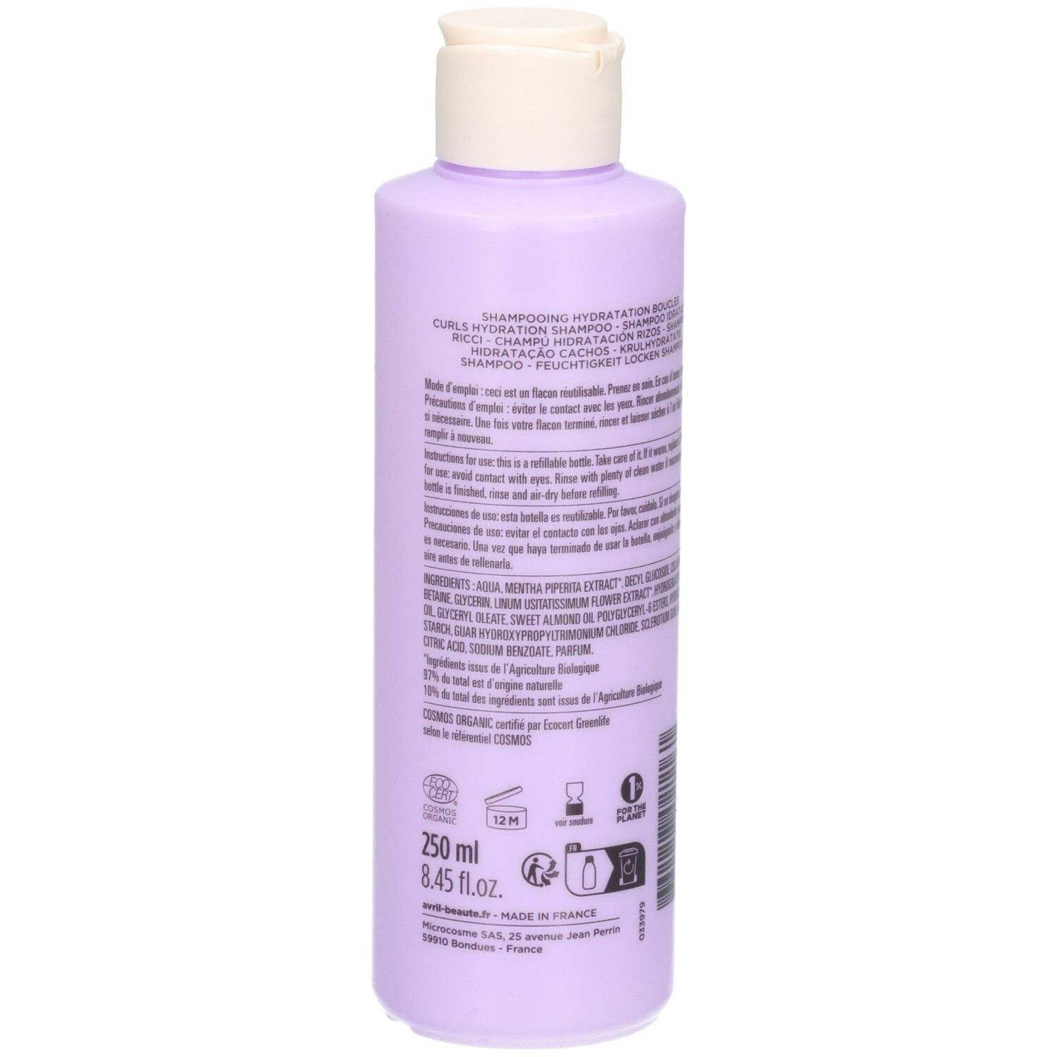 Arrière d'une bouteille lavande avec indication de volume 250ml et label bio.
